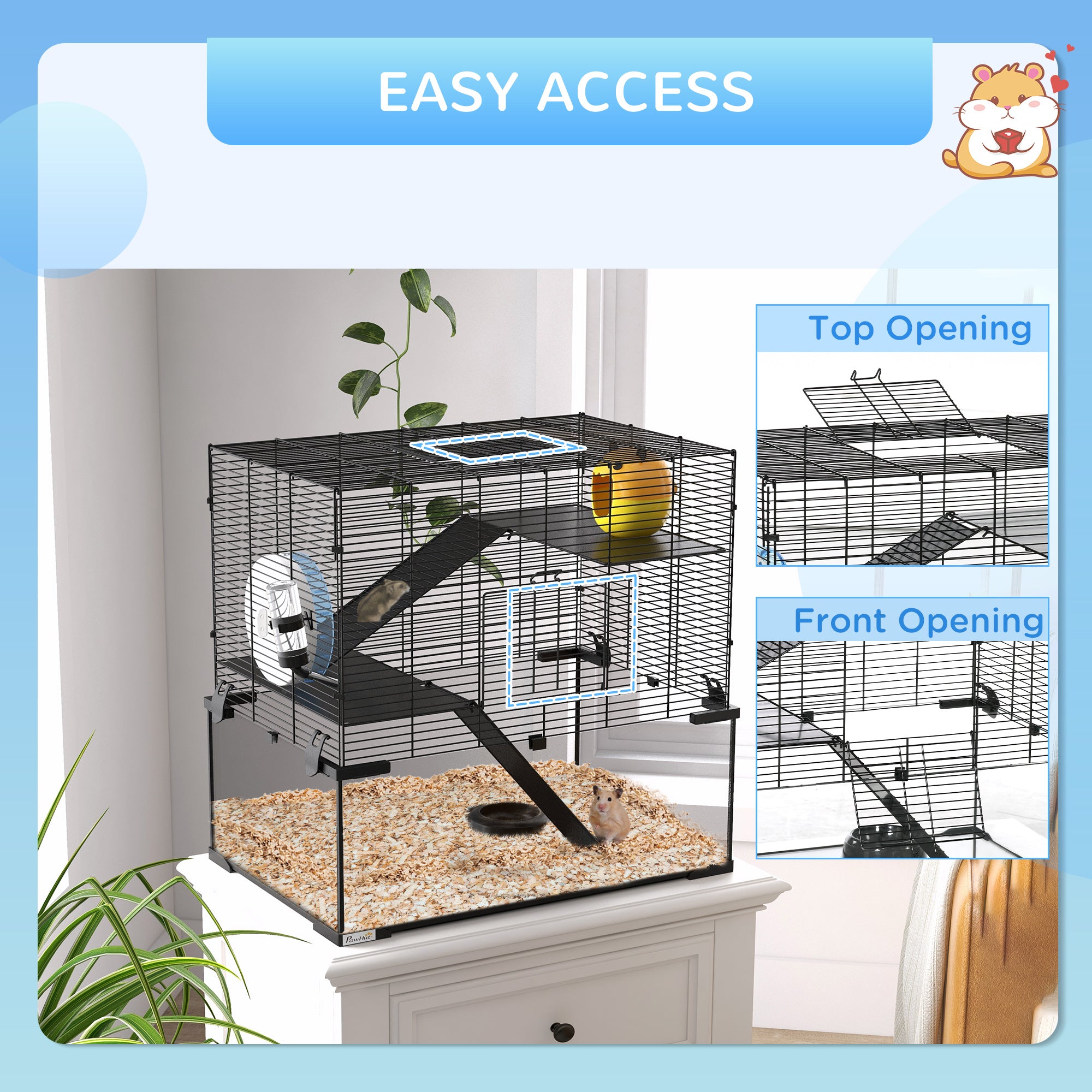 PawHut 3 Tiers Hamster Cage, Gerbil Cage with Deep Glass Bottom, Non-Slip Ramps, Platforms, Hut, Exercise Wheels, Water Bottle, Dish, for Syrian Hamster, Dwarf Hamster, 60 x 40 x 57cm - North Peak Garden Furniture