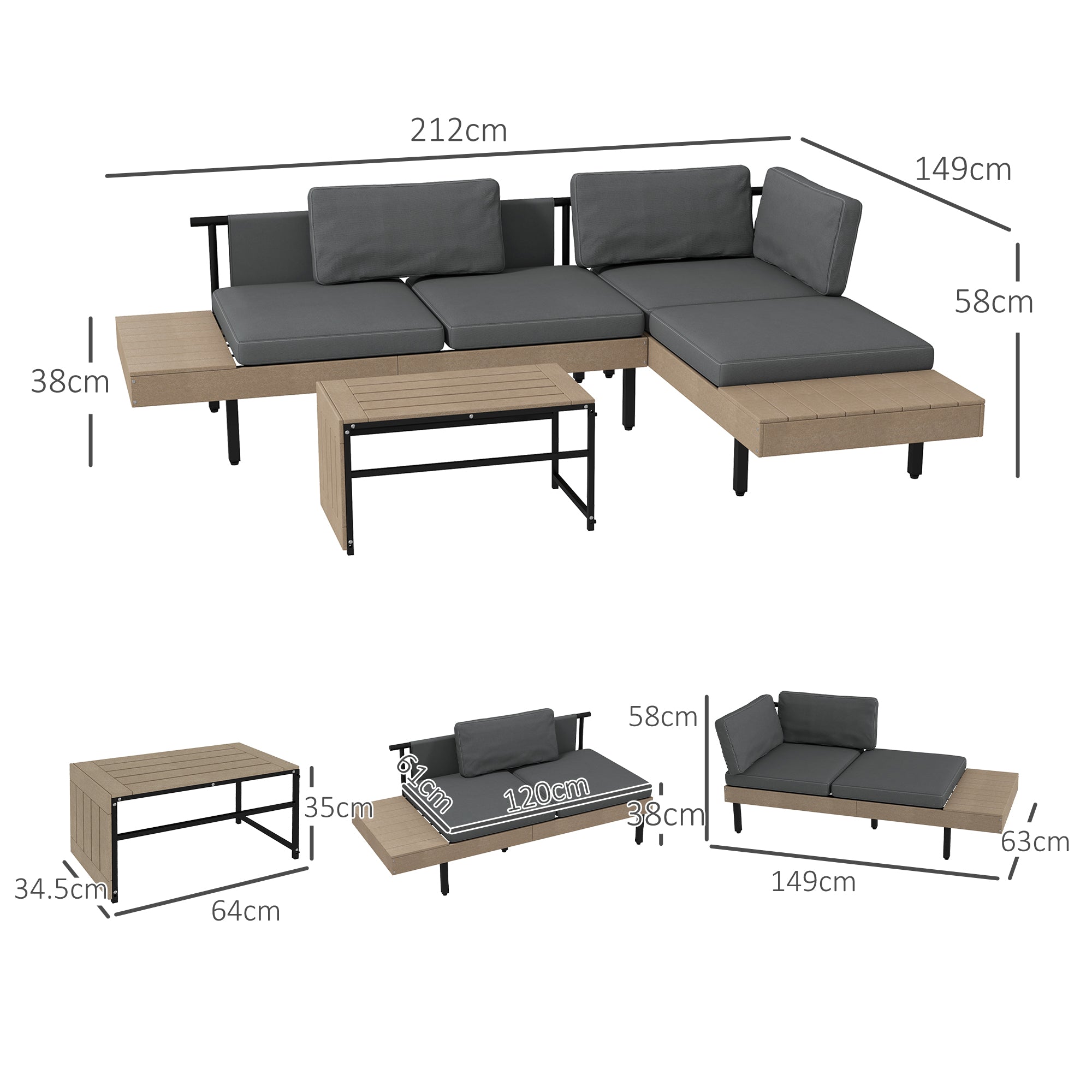Outsunny Three-Piece 'L' Garden Sofa Set - Grey - North Peak Garden Furniture