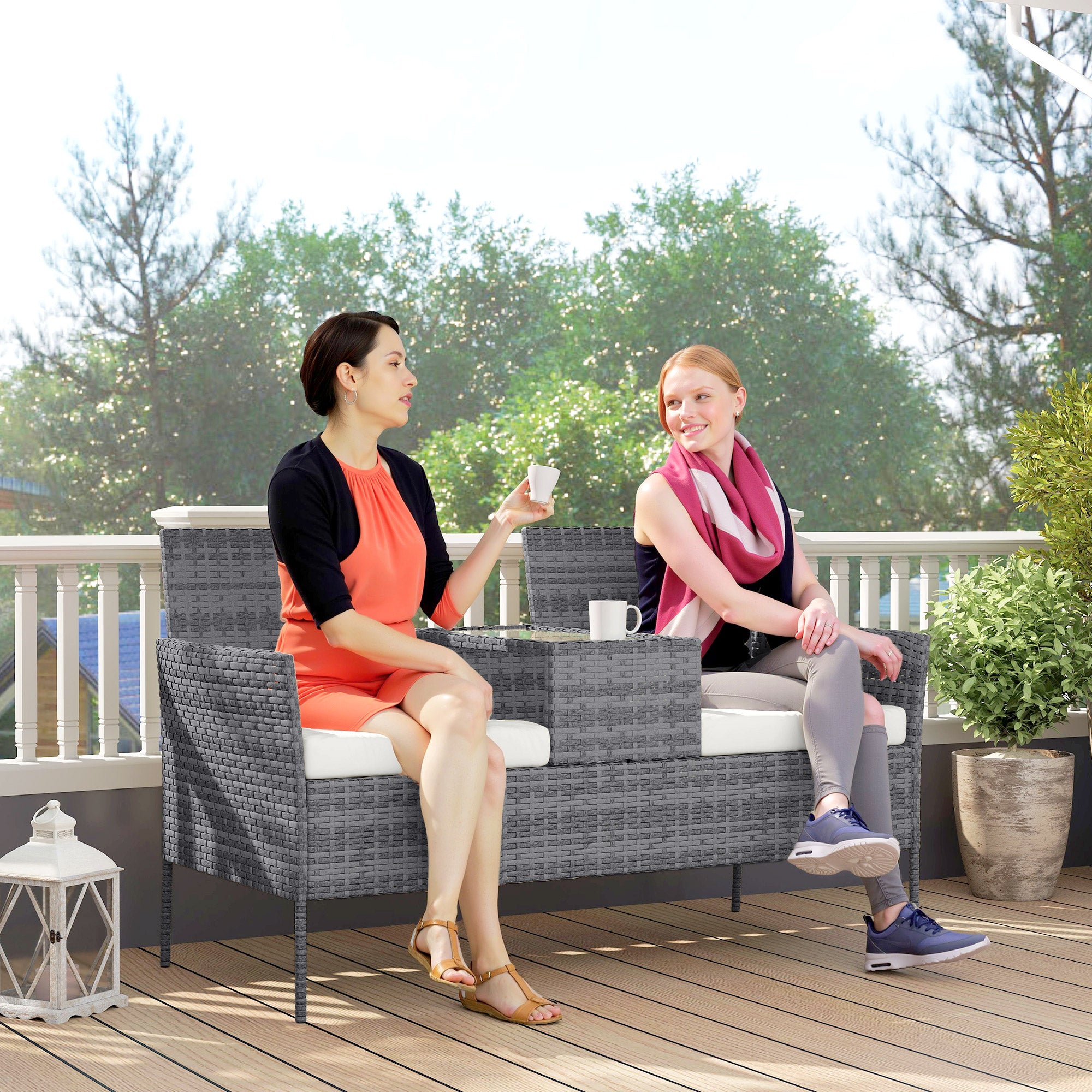 Outsunny Two-Seat Rattan Chair, with Middle Table - Grey