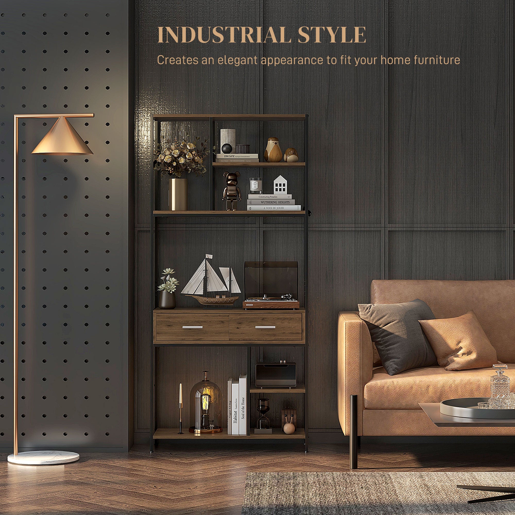 HOMCOM Seven-Shelf Industrial Display Shelf, with Drawers - Brown/Black - North Peak Garden Furniture