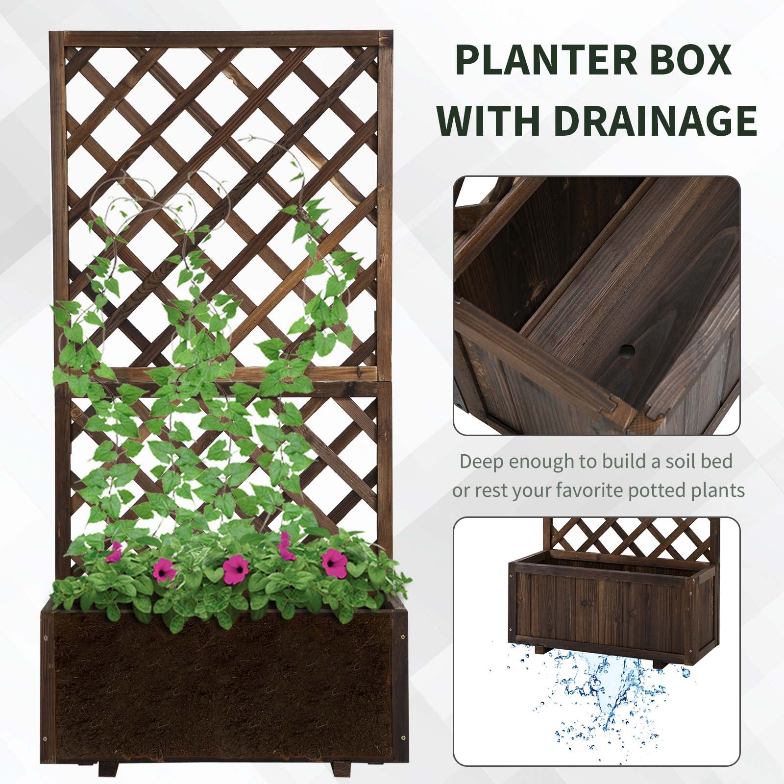 Outsunny 72.5 x 31.5 x 149.5 cm 45L Garden Wooden Pine Trough Planter with Topped Trellis Climbing Plants Flower Raised Bed, Carbonised Finish - North Peak Garden Furniture