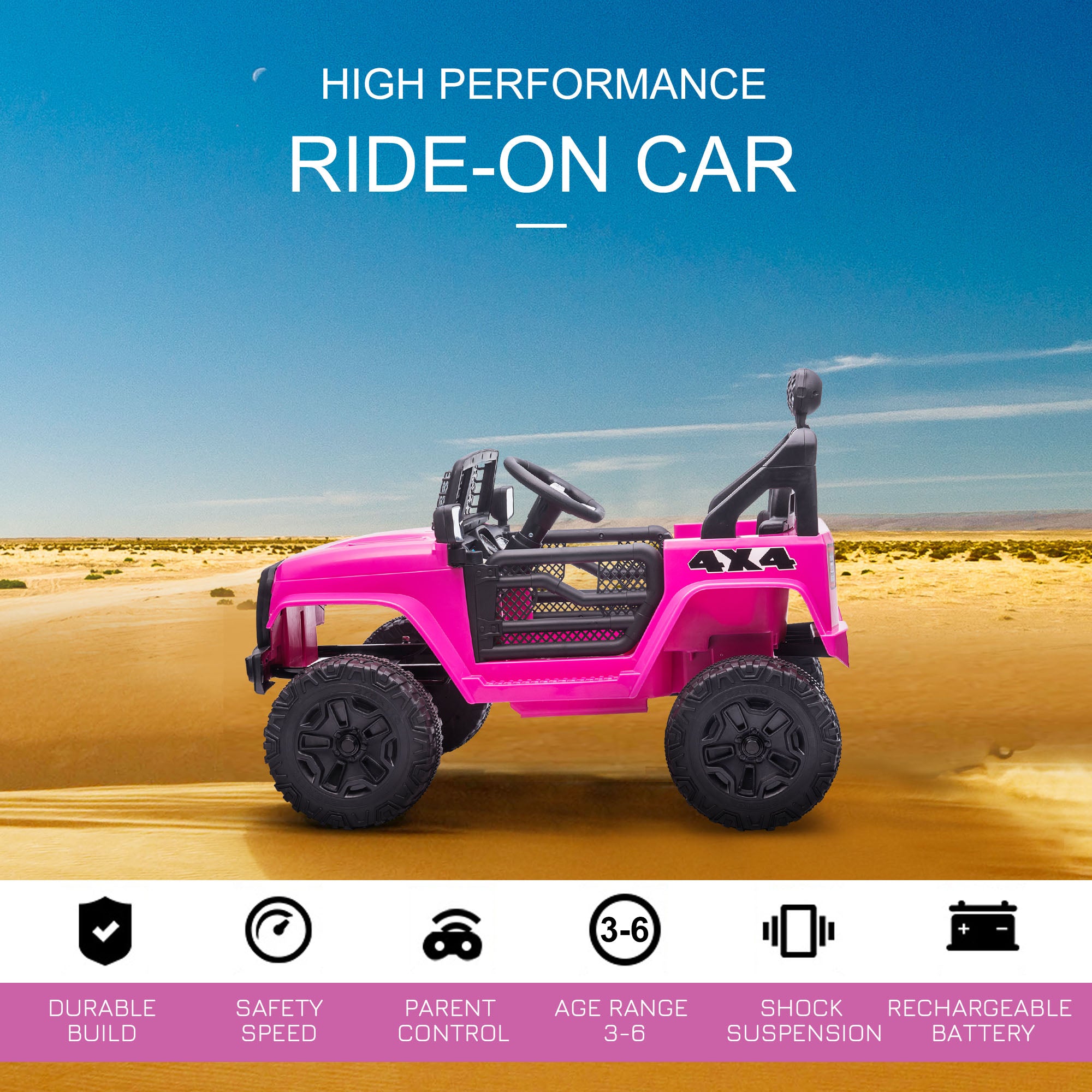 HOMCOM Kids Electric Ride On Car 12V Off Road Toy with Parental Remote Control 2 Motors Horn Lights Suspension Wheels for 3-6 Years Old Pink - North Peak Garden Furniture