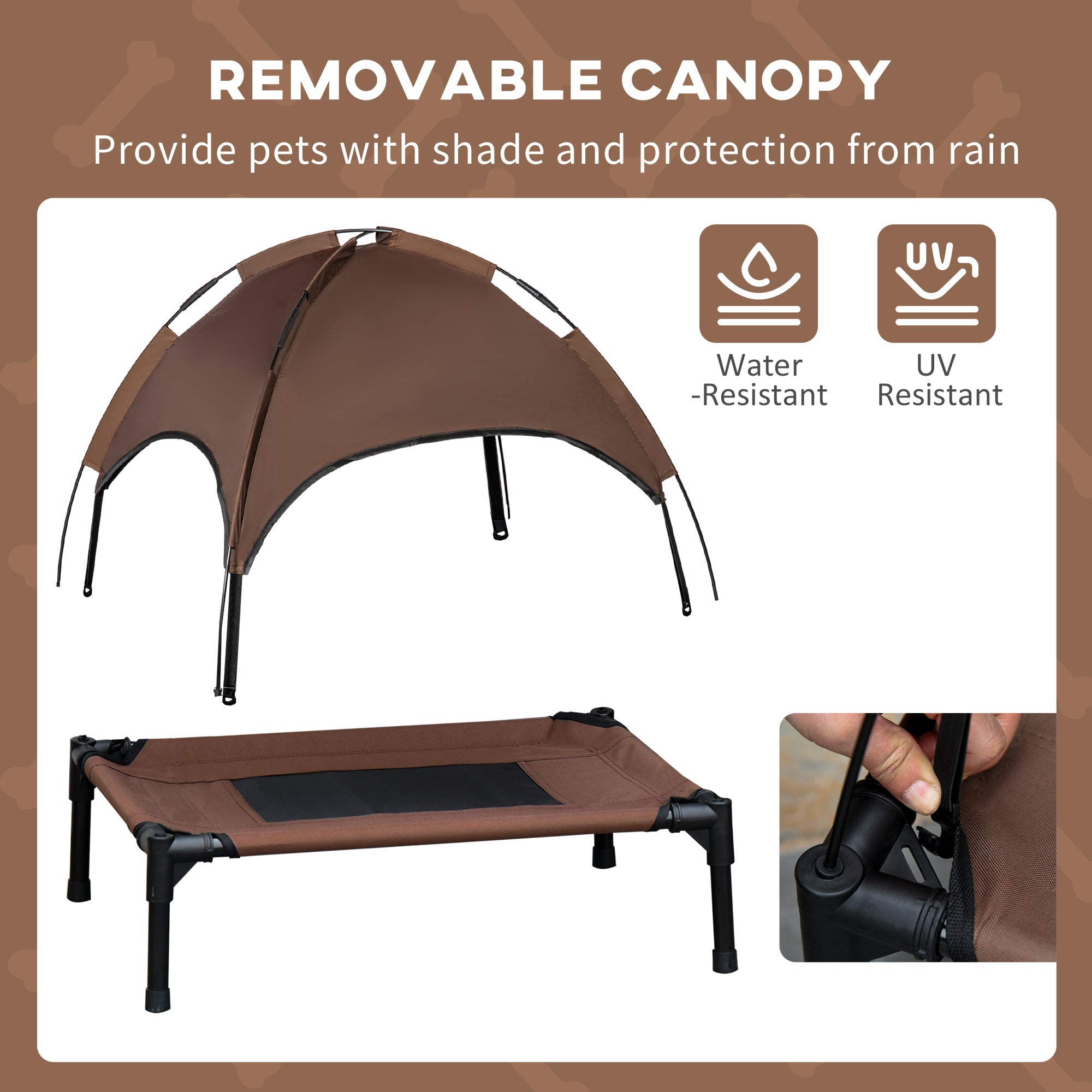 PawHut Raised Dog Bed Waterproof Elevated Pet Cot with Breathable Mesh UV Protection Canopy Coffee, for Medium Dogs, 76 x 61 x 73cm - North Peak Garden Furniture
