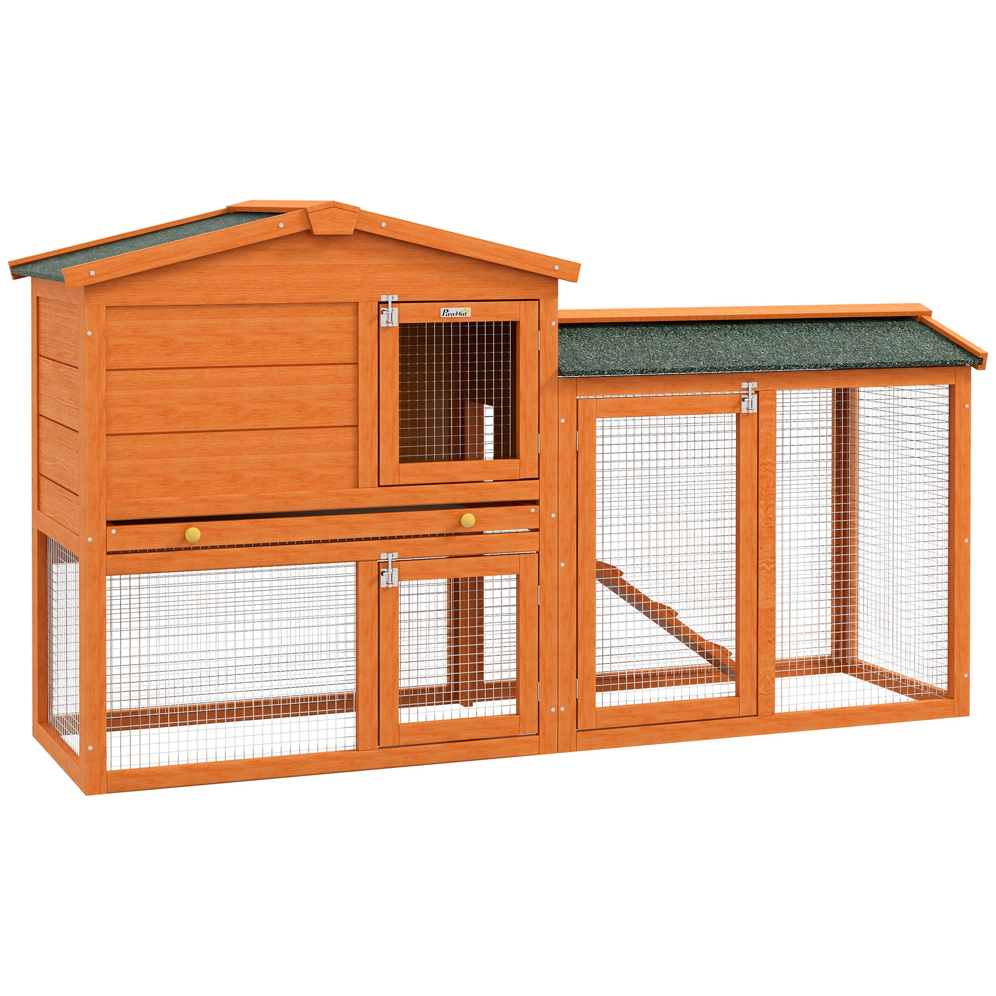 PawHut Two-Tier Rabbit Hutch with Run, Ramp, Slide-Out Tray, for Garden - Orange - North Peak Garden Furniture
