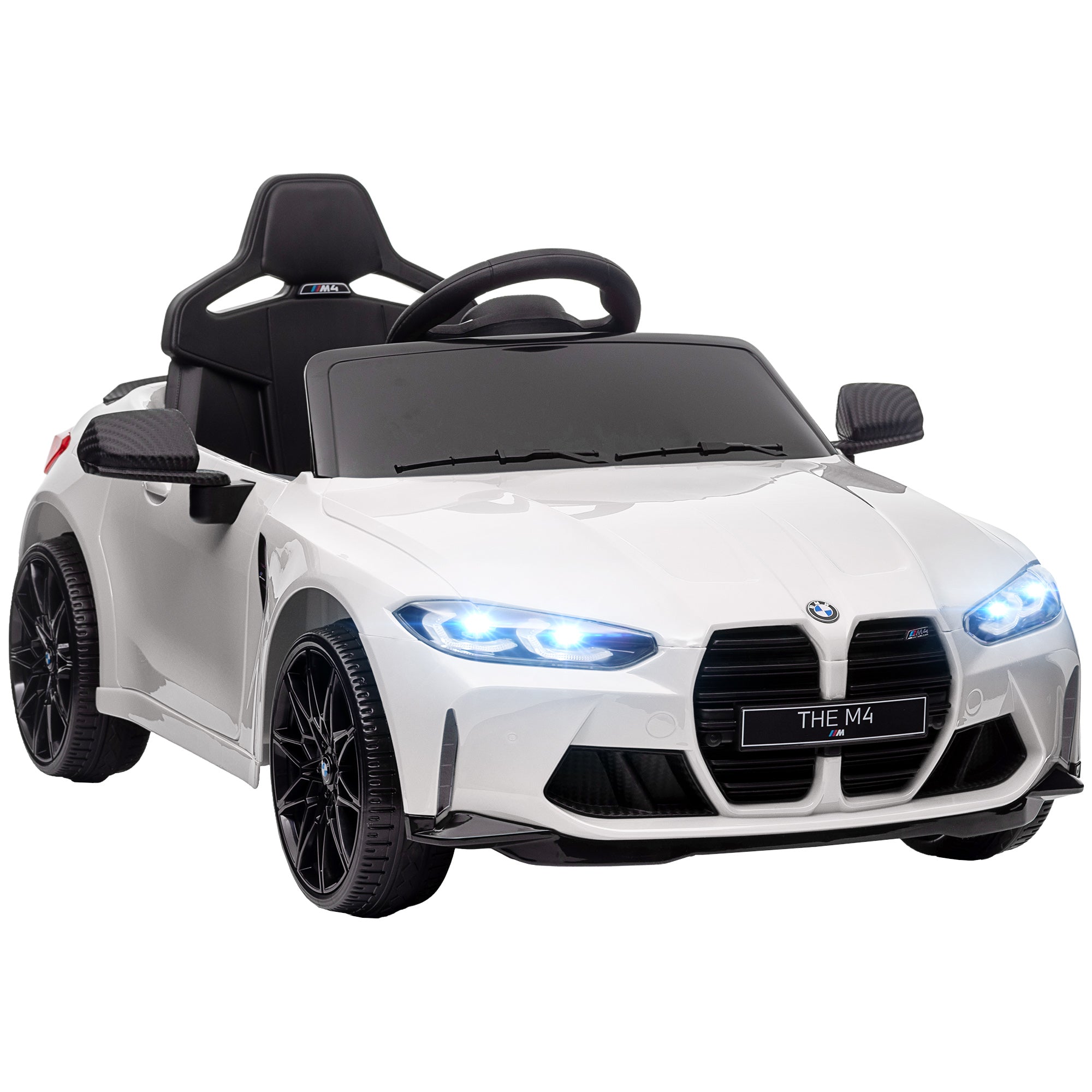 AIYAPLAY 12V BMW Licensed Kids Car, with Easy Transport, Remote Control, Suspension, Music, Horn, LED Lights, White - North Peak Garden Furniture