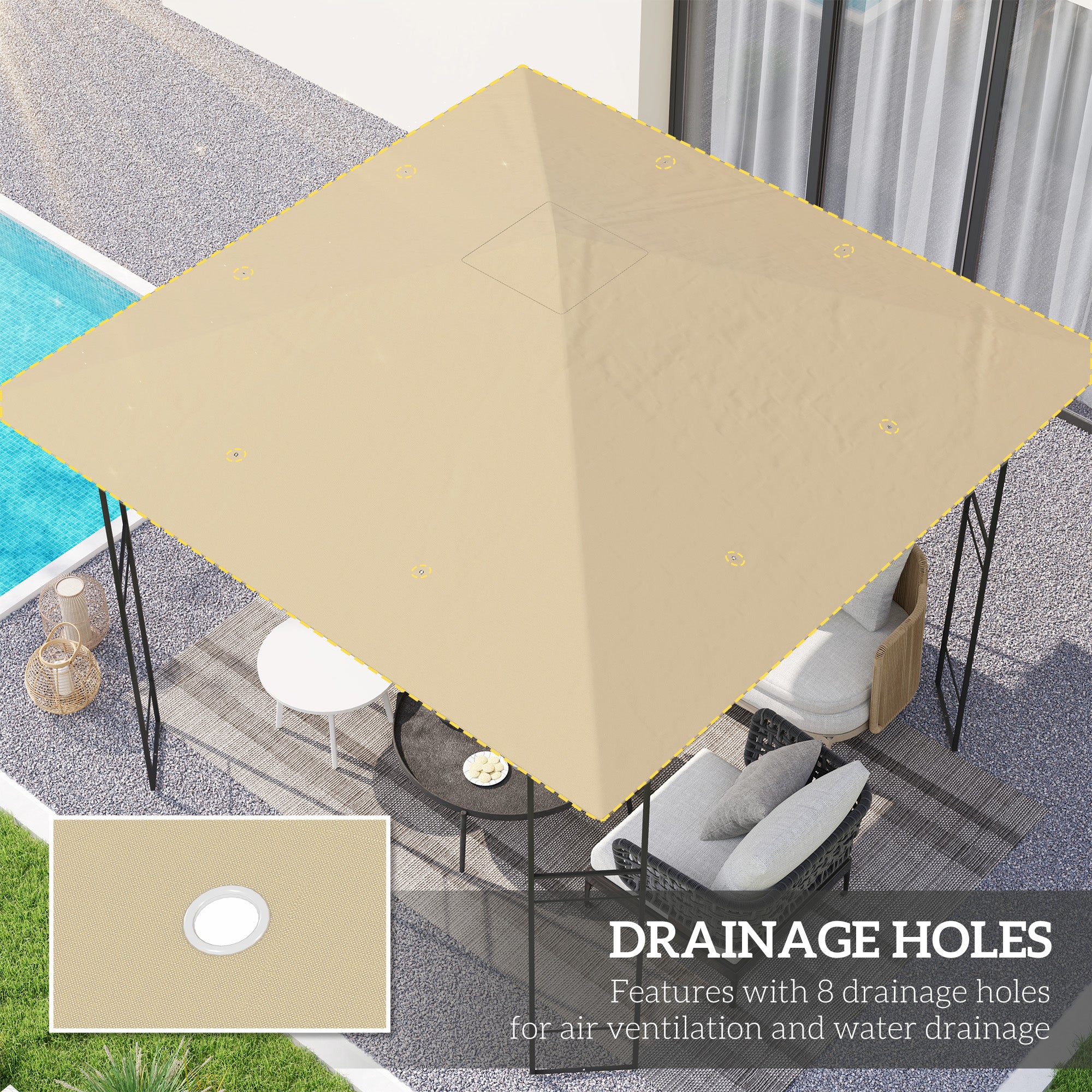 Outsunny 3 x 3(m) Gazebo Canopy Replacement Cover, Garden Gazebo Roof Replacement with Drain Holes, Water Resistant PVC Coating, 370g/㎡, UPF30+, TOP COVER ONLY, Beige - North Peak Garden Furniture
