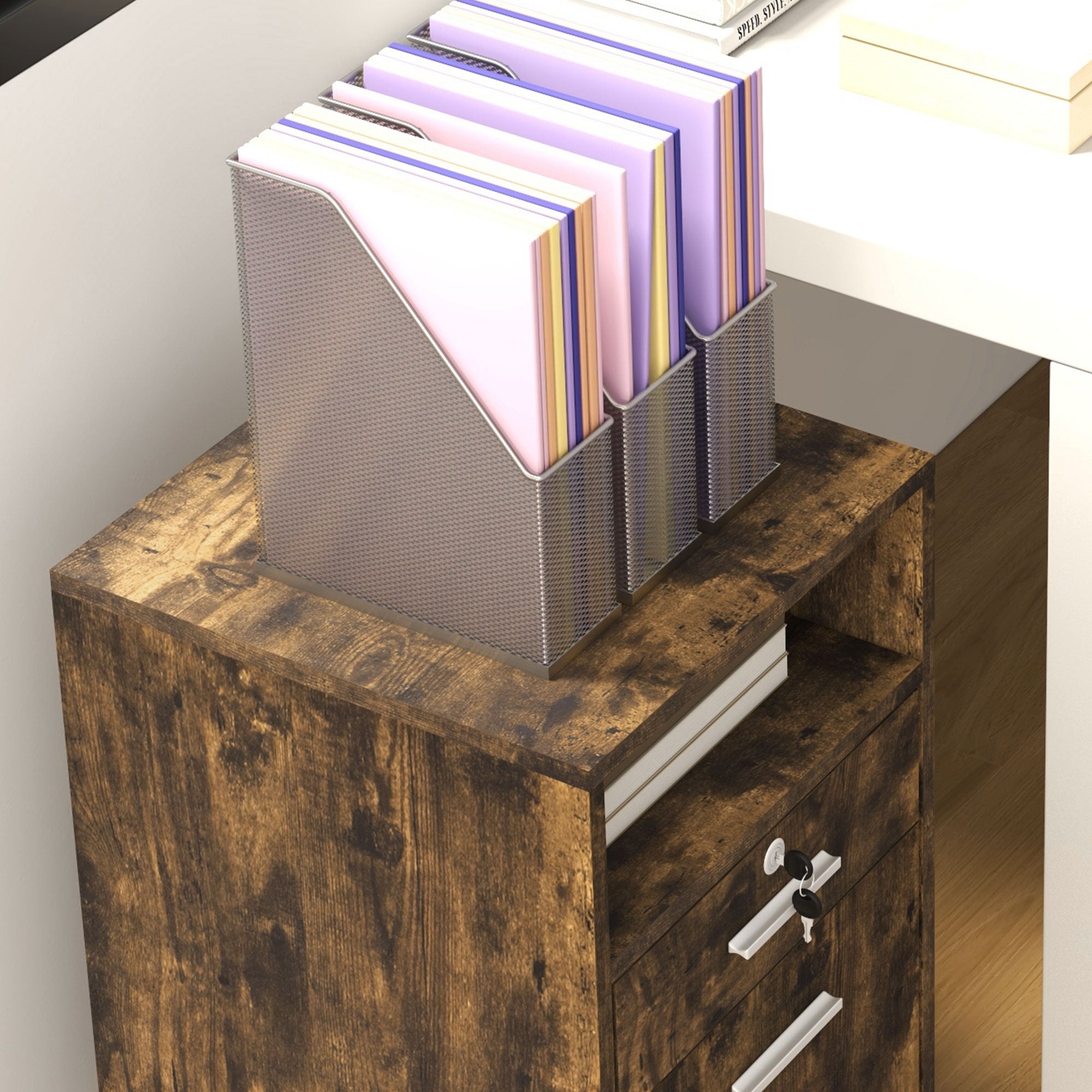 Vinsetto Lockable Two-Drawer Filing Cabinet, with Wheels - Wood-Effect - North Peak Garden Furniture