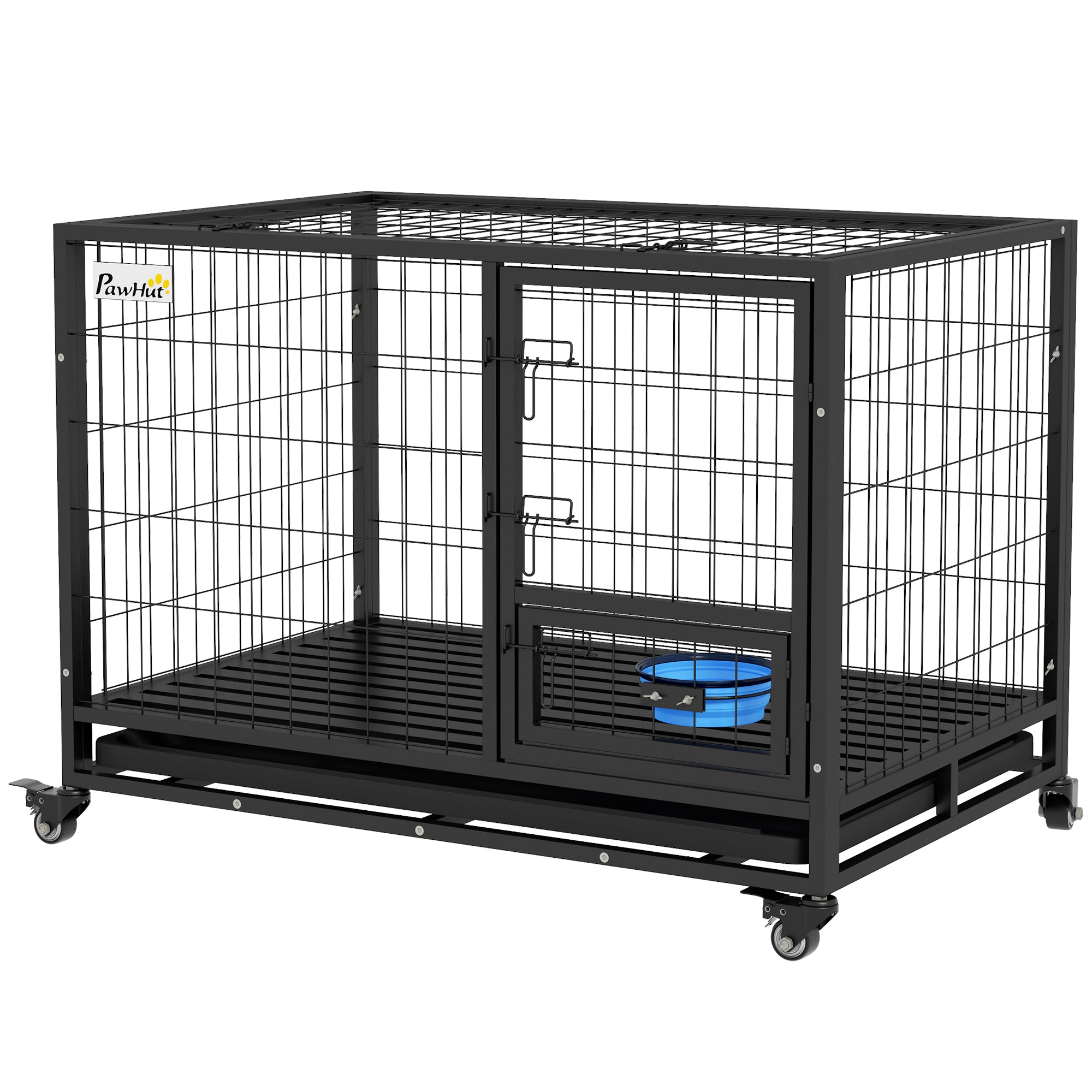 PawHut Heavy Duty Dog Crate on Wheels w/ Bowl Holder, Removable Tray, Openable Top, Detachable Door, for L, XL Dogs