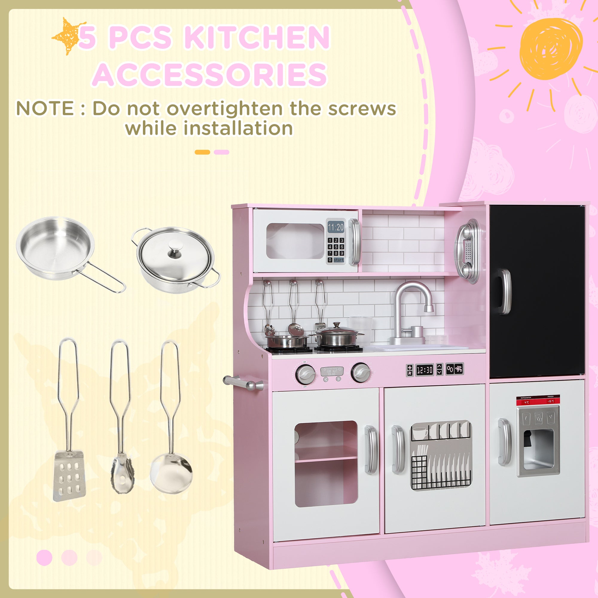 AIYAPLAY Pretend Play Kitchen Kids Kitchen Playset w/ Toy Phone, Chalkboard, Microwave, Cooking Stove, Sink - North Peak Garden Furniture
