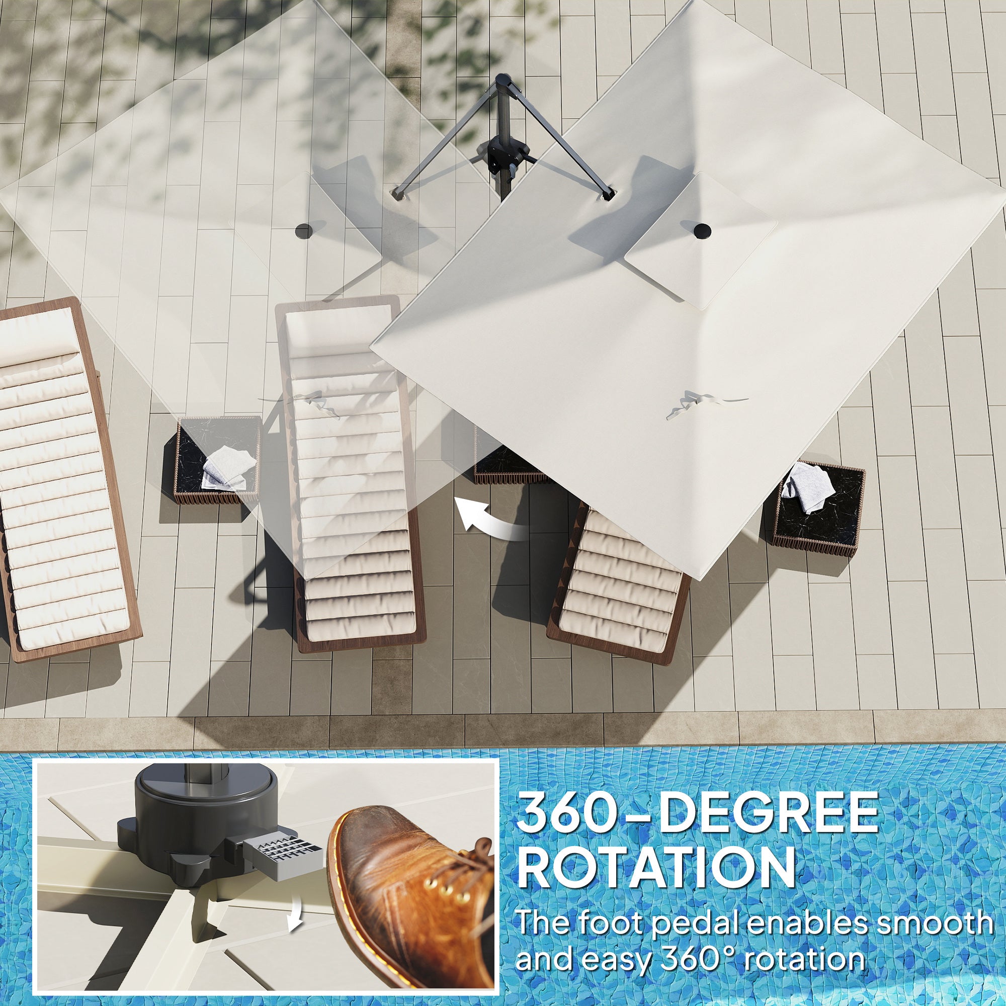 Outsunny 3.7 x 2.7 m Cantilever Parasol w/ 360° Rotation and Easy Tilt Adjustment, Aluminium Hanging Offset Outdoor Umbrella w/ Double Top and Cross Base, UPF50+ Hanging Sun Shade, Grey Wood Effect - North Peak Garden Furniture