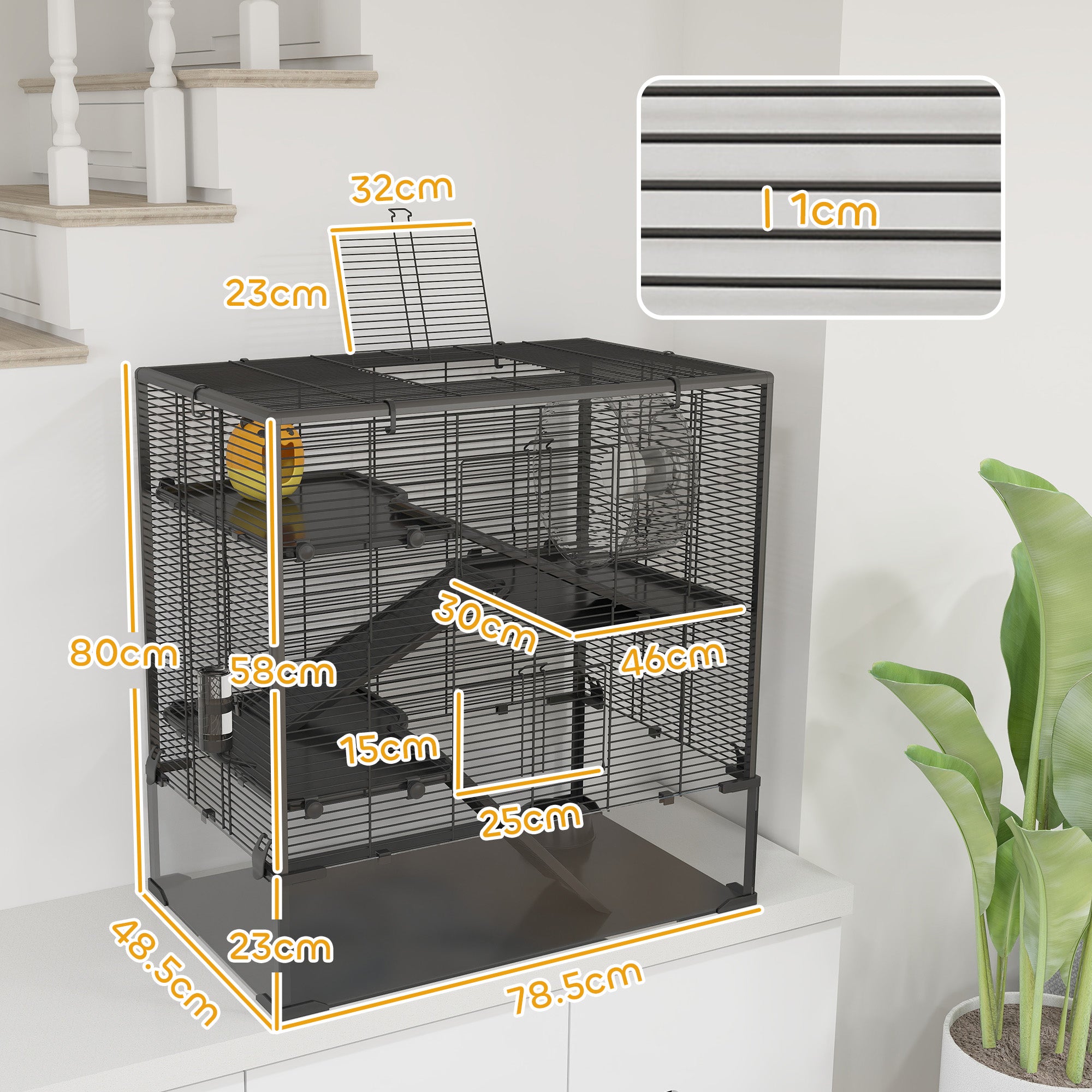 PawHut 4 Tiers Hamster Cage with Deep Tempered Glass Bottom, Hut, Running Wheel, Food Dish, Water Bottle, 78.5 x 48.5 x 80cm