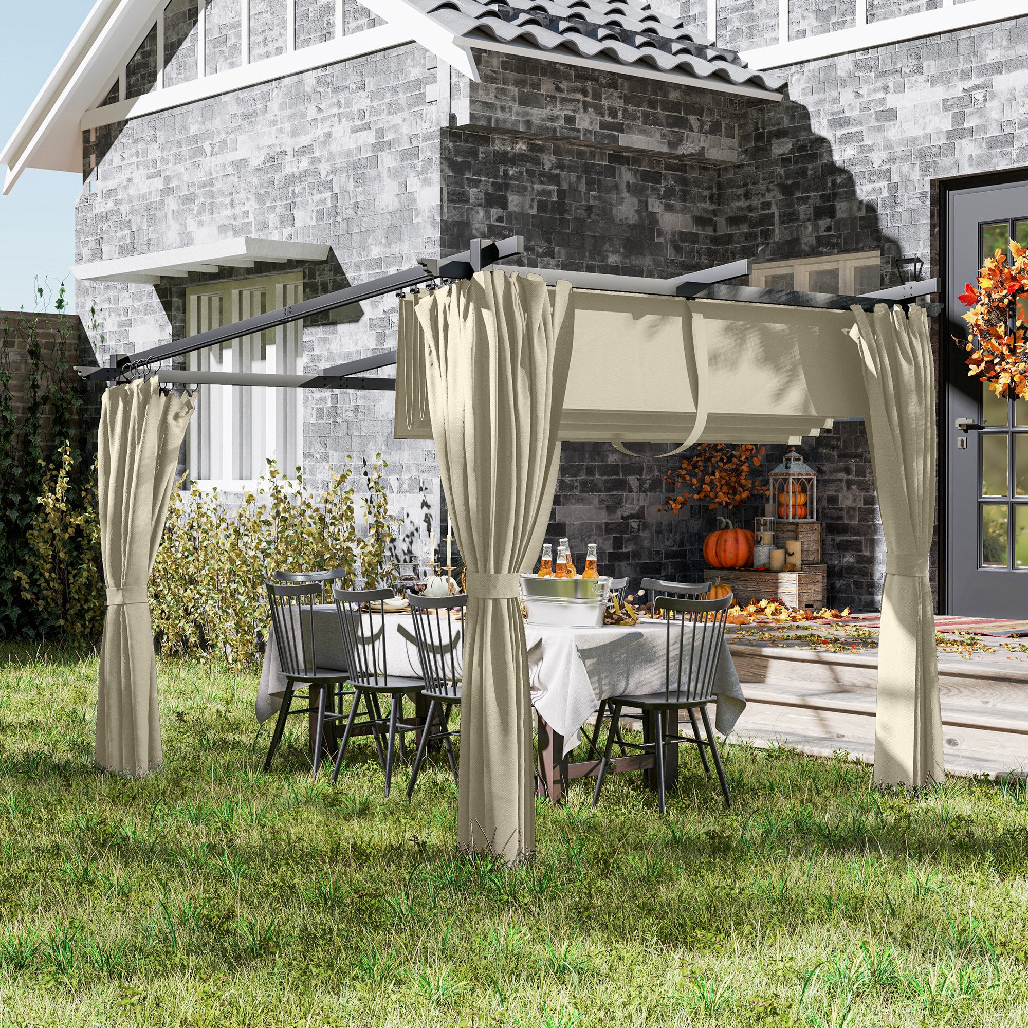 Outsunny 3 x 3 m Retractable Roof Pergola, with Curtains - Beige - North Peak Garden Furniture