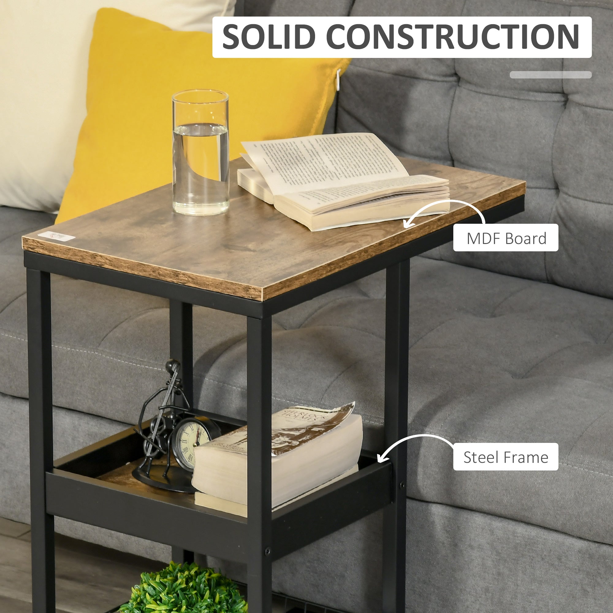 HOMCOM Industrial Mobile Sofa Side Table C-Shaped Rolling Couch Table with 3-Tier Storage Shelving Four Lockable Wheels Steel Frame - Brown - North Peak Garden Furniture