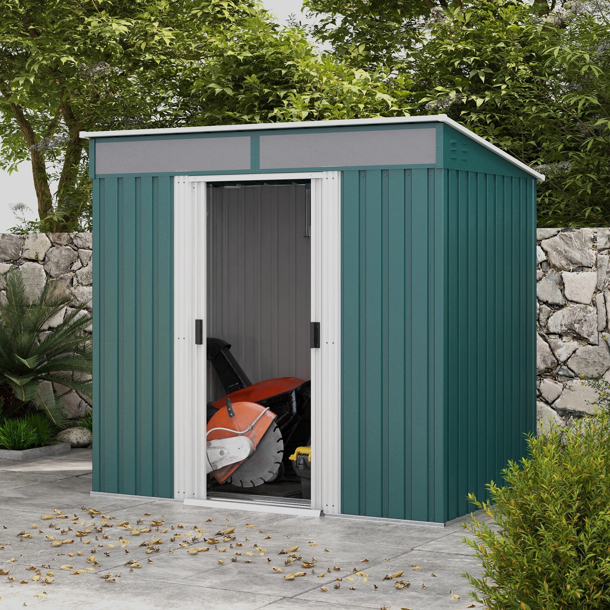 Outsunny 6.5 x 4FT Galvanised Metal Shed with Foundation Kit, Lockable Tool Garden Shed with Double Sliding Doors, Vents, Green