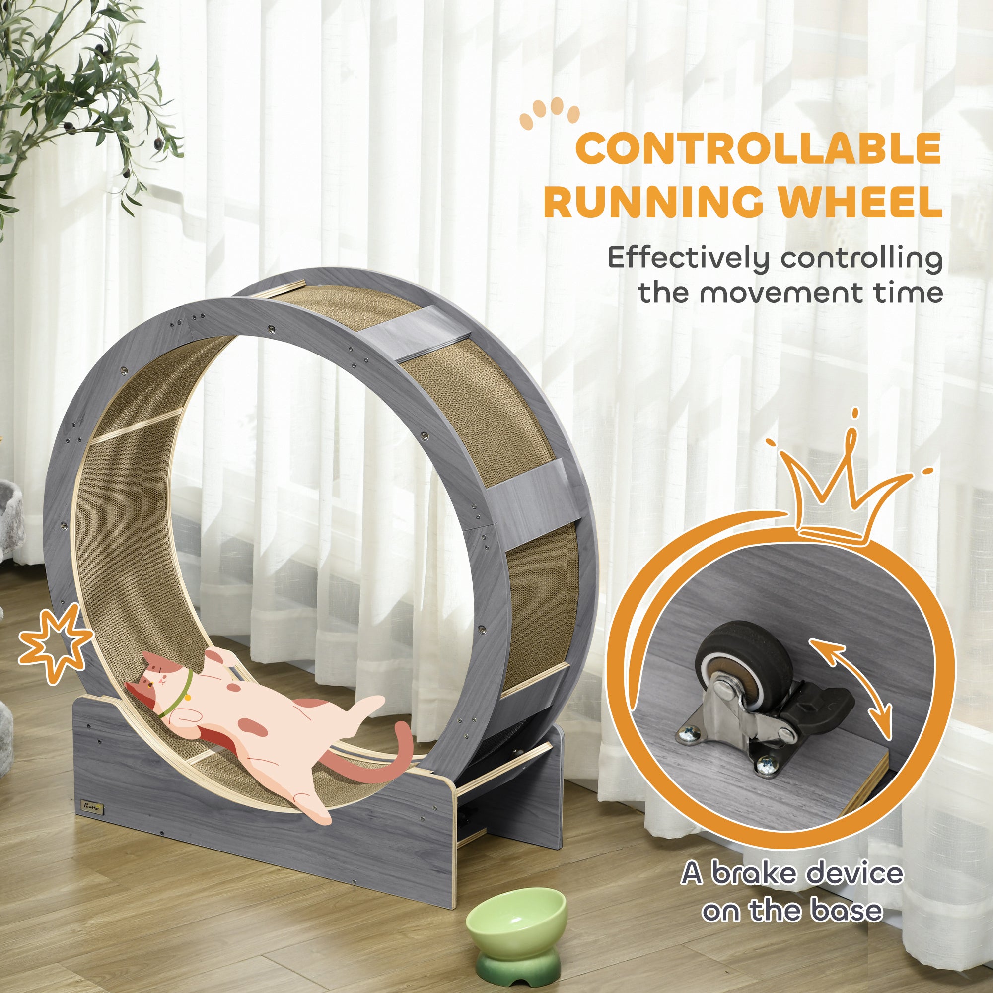 PawHut Cat Wheel with Brake, Scratching Pads - Grey