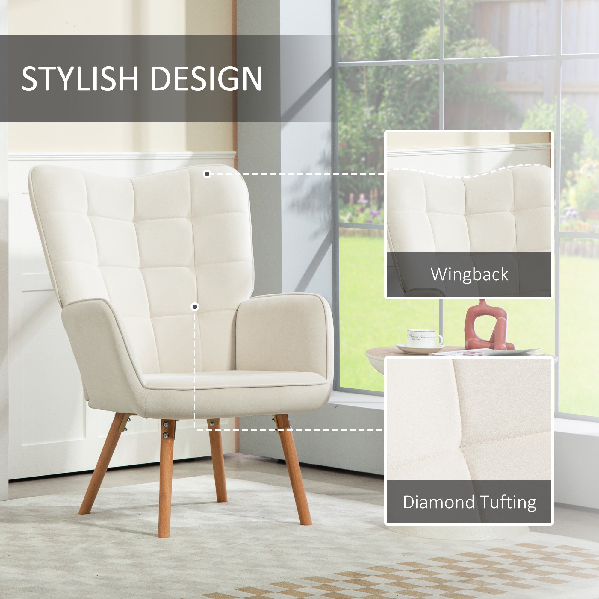 HOMCOM Modern Accent Chair Velvet-Touch Tufted Wingback Armchair Upholstered Leisure Lounge Sofa Club Chair with Wood Legs, Cream White - North Peak Garden Furniture