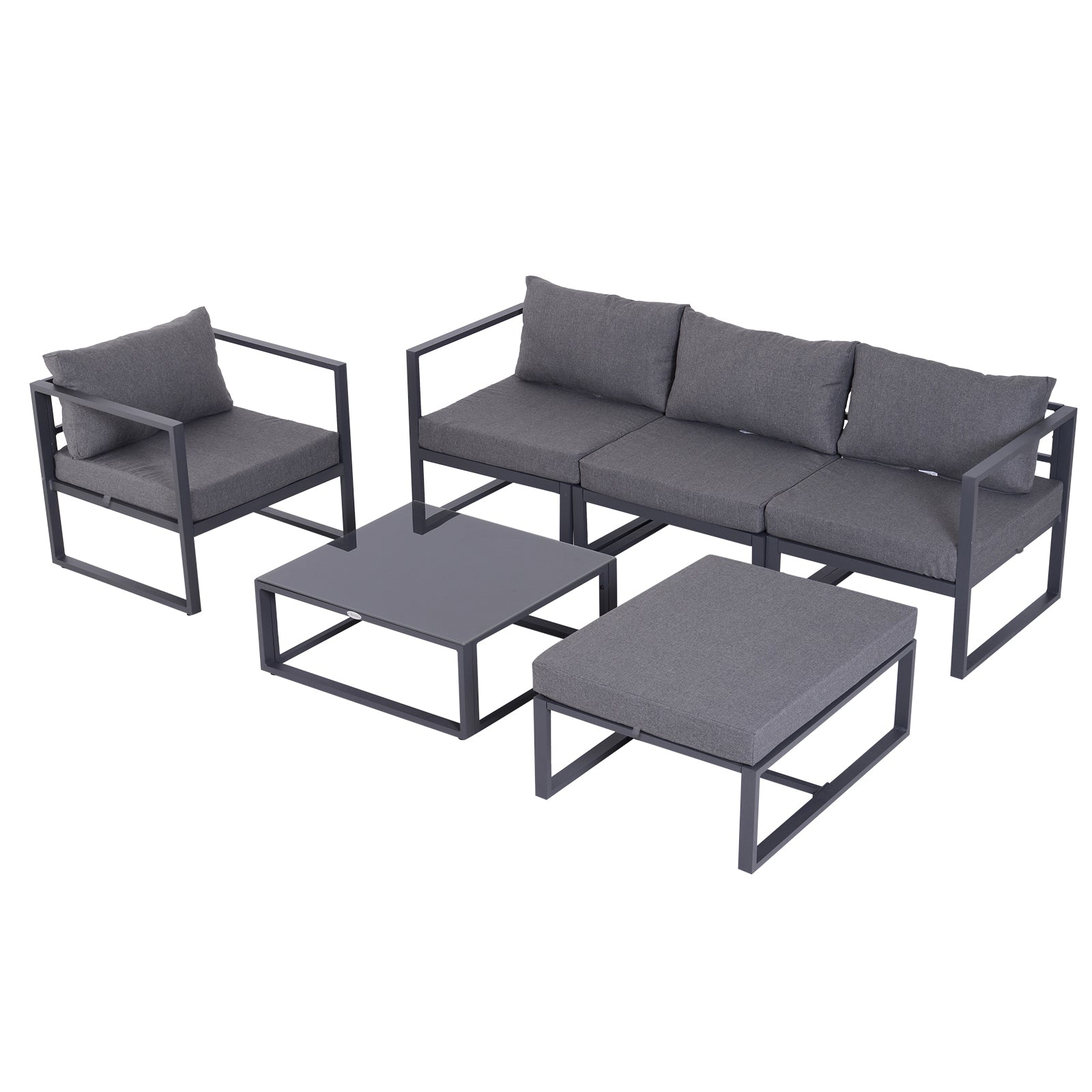 Outsunny 6 PCs Outdoor Indoor Sectional Sofa Set Thick Padded Cushions Aluminium Frame 5 Seaters 1 Coffee Table Footrest Grey - North Peak Garden Furniture
