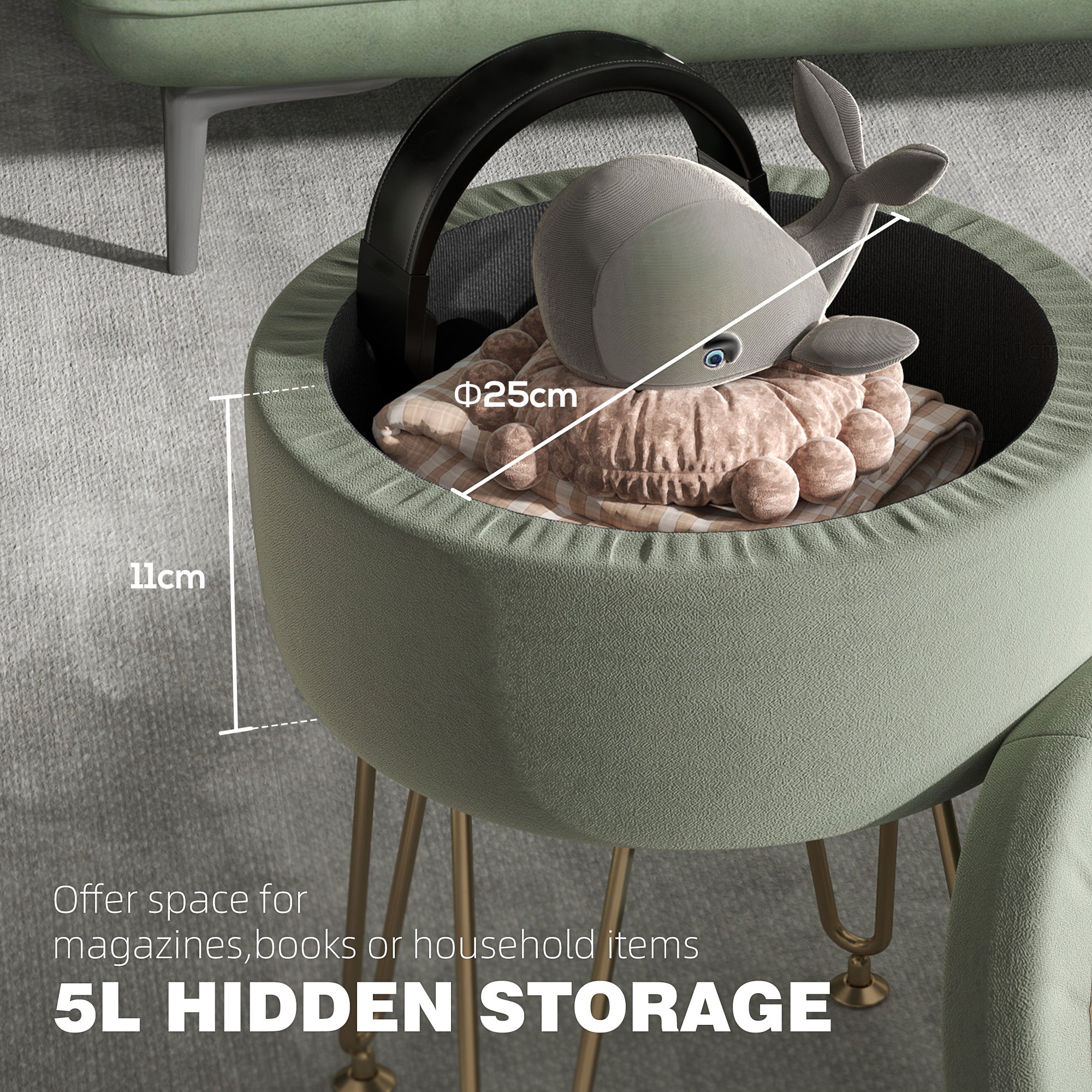 HOMCOM 5L Velvet-Feel Storage Ottoman - Green - North Peak Garden Furniture