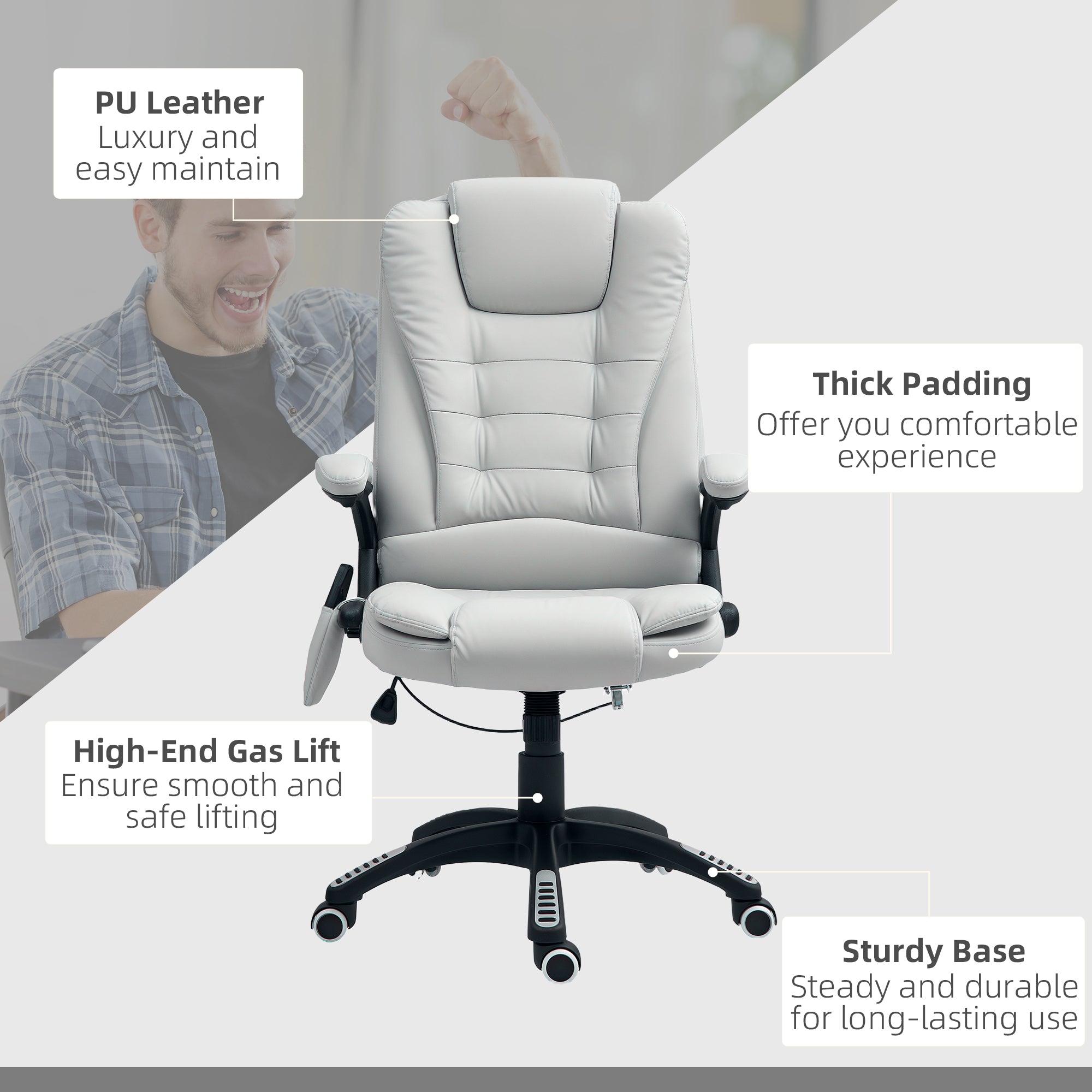 HOMCOM Executive Office Chair with Massage and Heat, High Back PU Leather Massage Office Chair with Adjustable Height, Light Grey - North Peak Garden Furniture