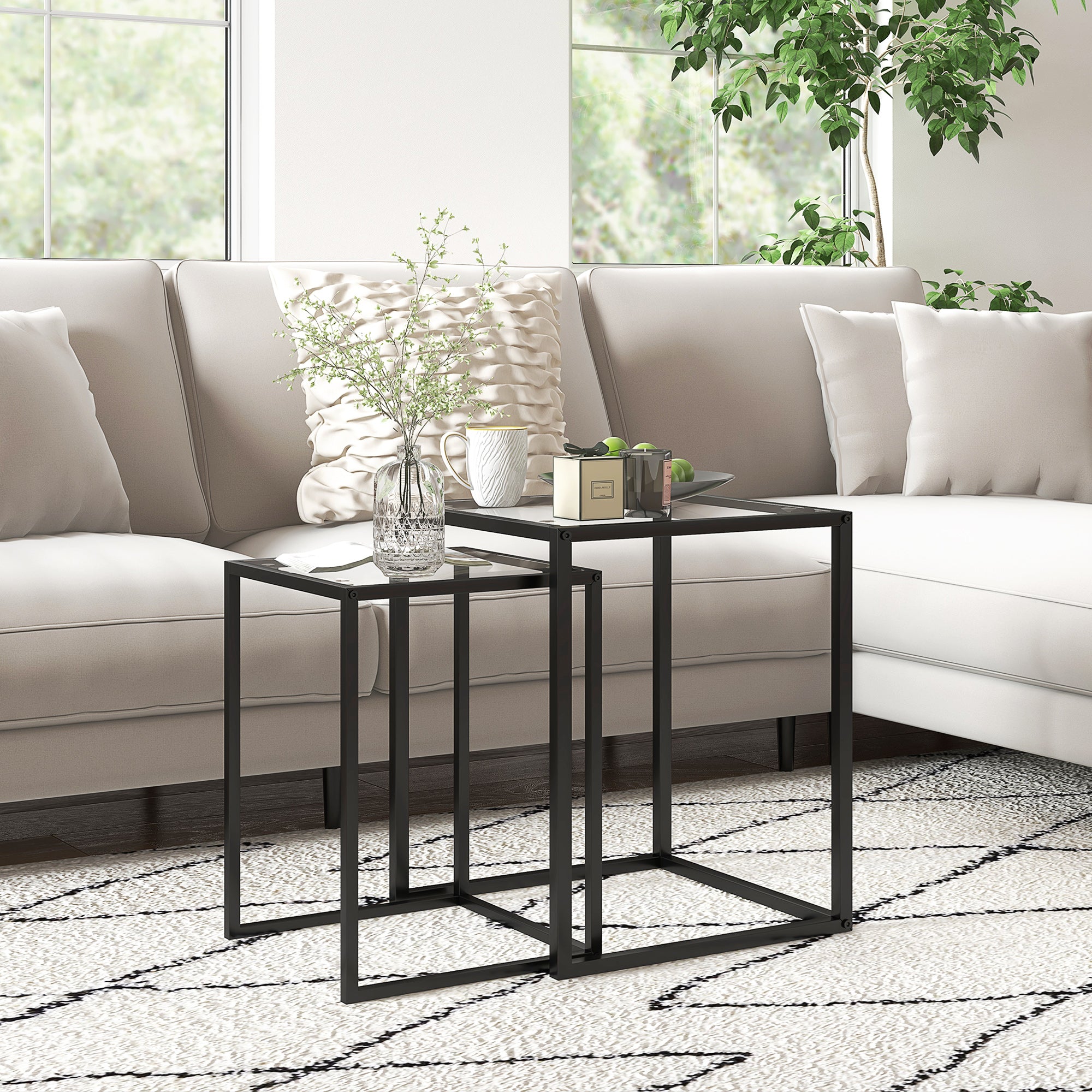 HOMCOM Nesting Tables Set of 2, Side End Table with Tempered Glass Top and Steel Frame for Living Room, Bedroom, Black - North Peak Garden Furniture