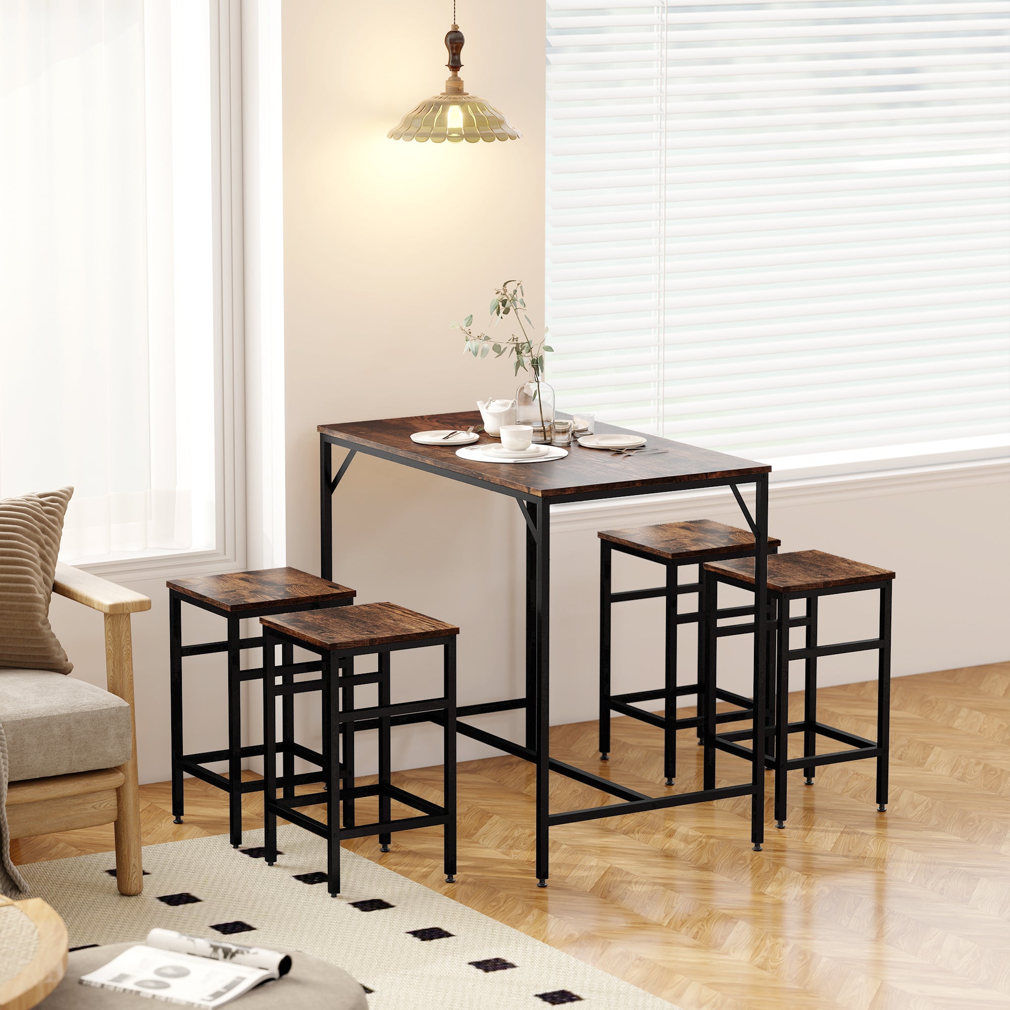 HOMCOM Industrial Rectangular Bar Table Set with 4 Stools for Dining Room, Kitchen, Dinette