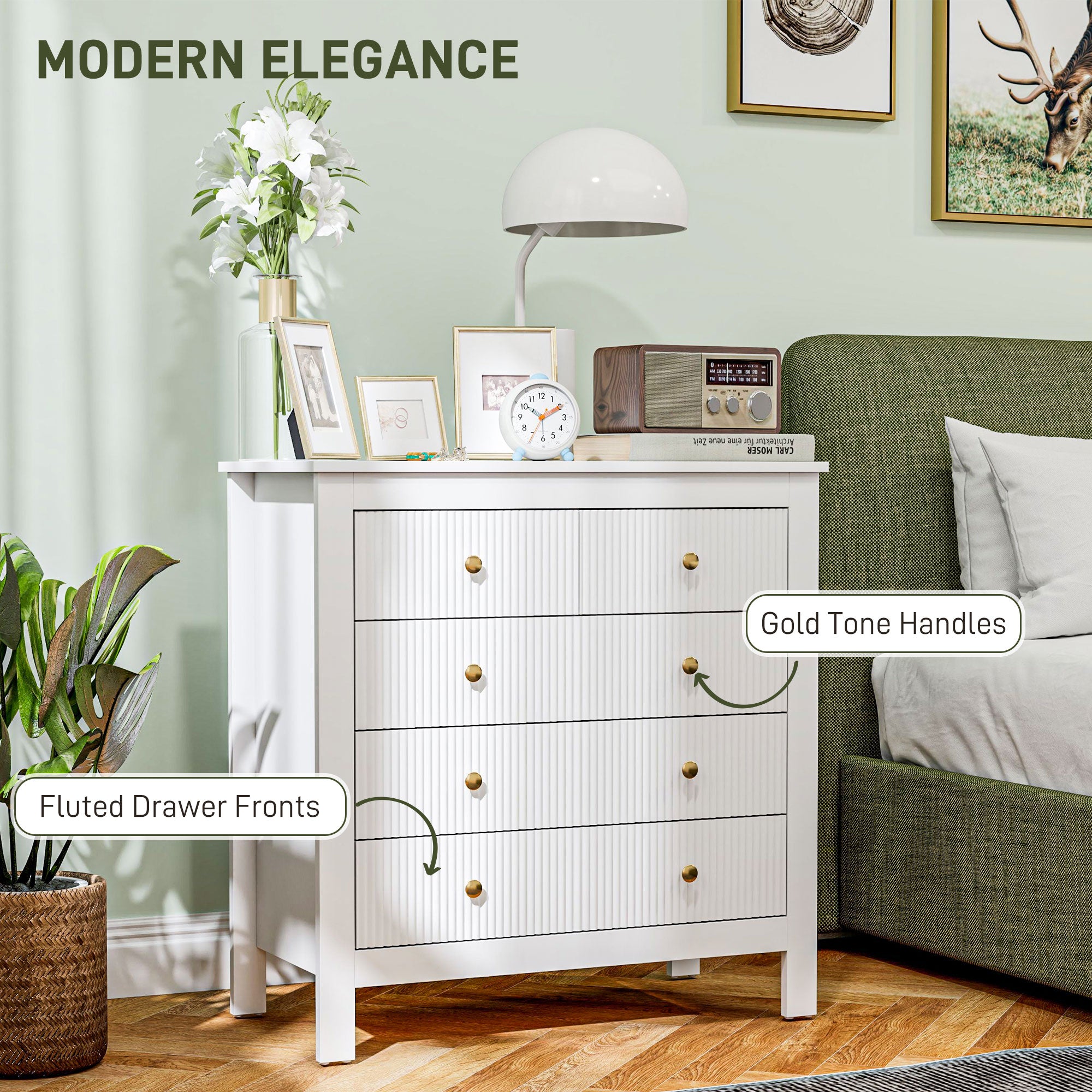 HOMCOM Elegant Chest of Five Drawers - White - North Peak Garden Furniture