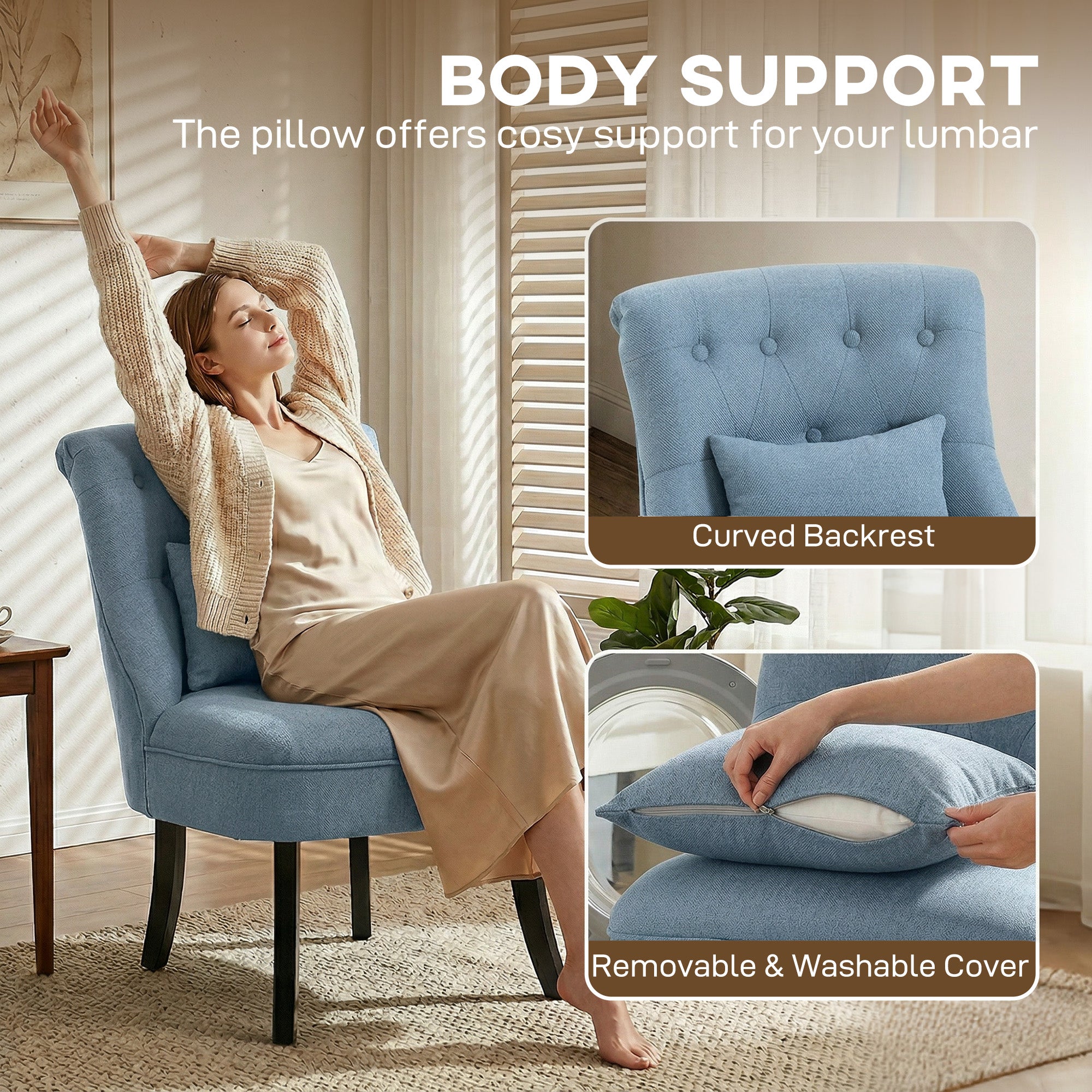 HOMCOM Fabric Single Sofa Dining Chair Tub Chair Upholstered W/ Pillow Solid Wood Leg Home Living Room Furniture Blue