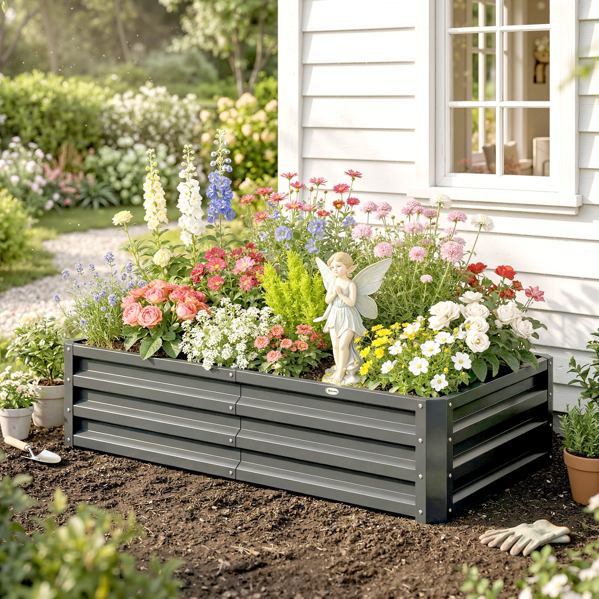 Outsunny Raised Beds for Garden, Galvanised Outdoor Planters for Herbs and Vegetables, for Patio, Garden, Balcony, Light Grey