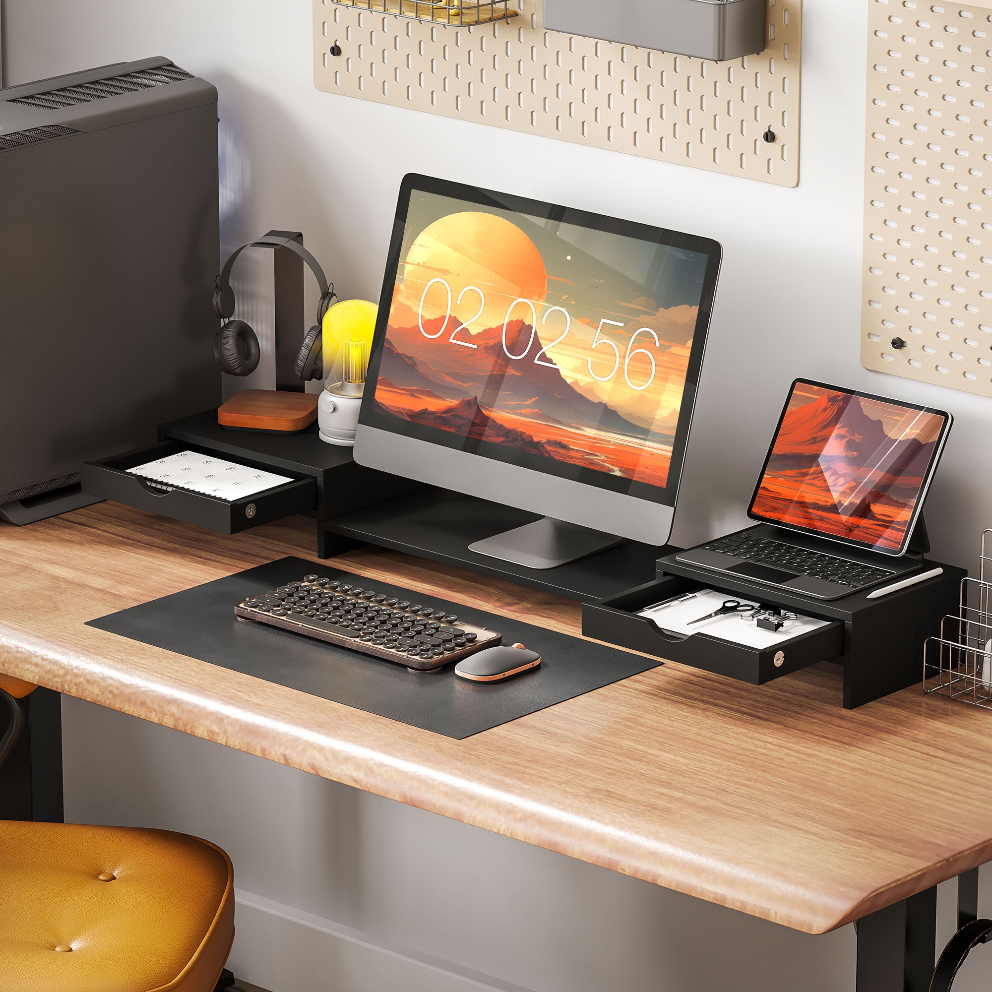 HOMCOM Dual Monitor Stand Riser with 2 Drawers, Adjustable Length and Angle, 116cm Monitor Riser for Laptop, Computer, PC, Small Printer, Black - North Peak Garden Furniture