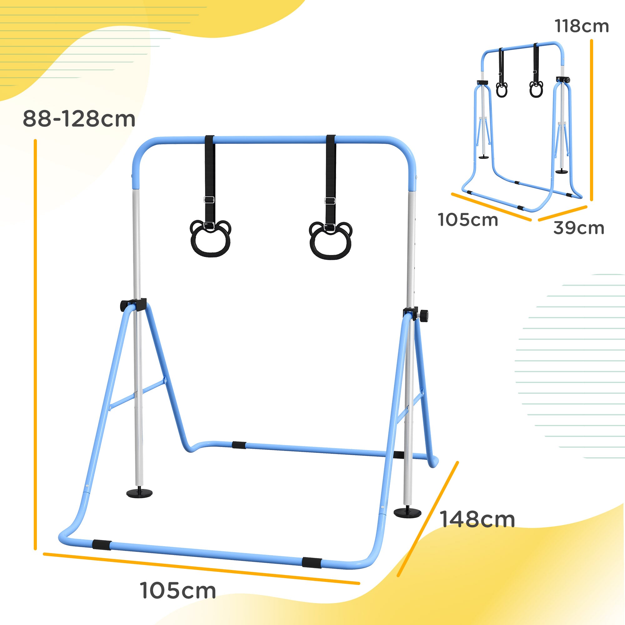 HOMCOM Adjustable Height, Foldable Kids Gymnastics Bar w/ Non-Slip Mats, for 3+ Years, Blue - North Peak Garden Furniture