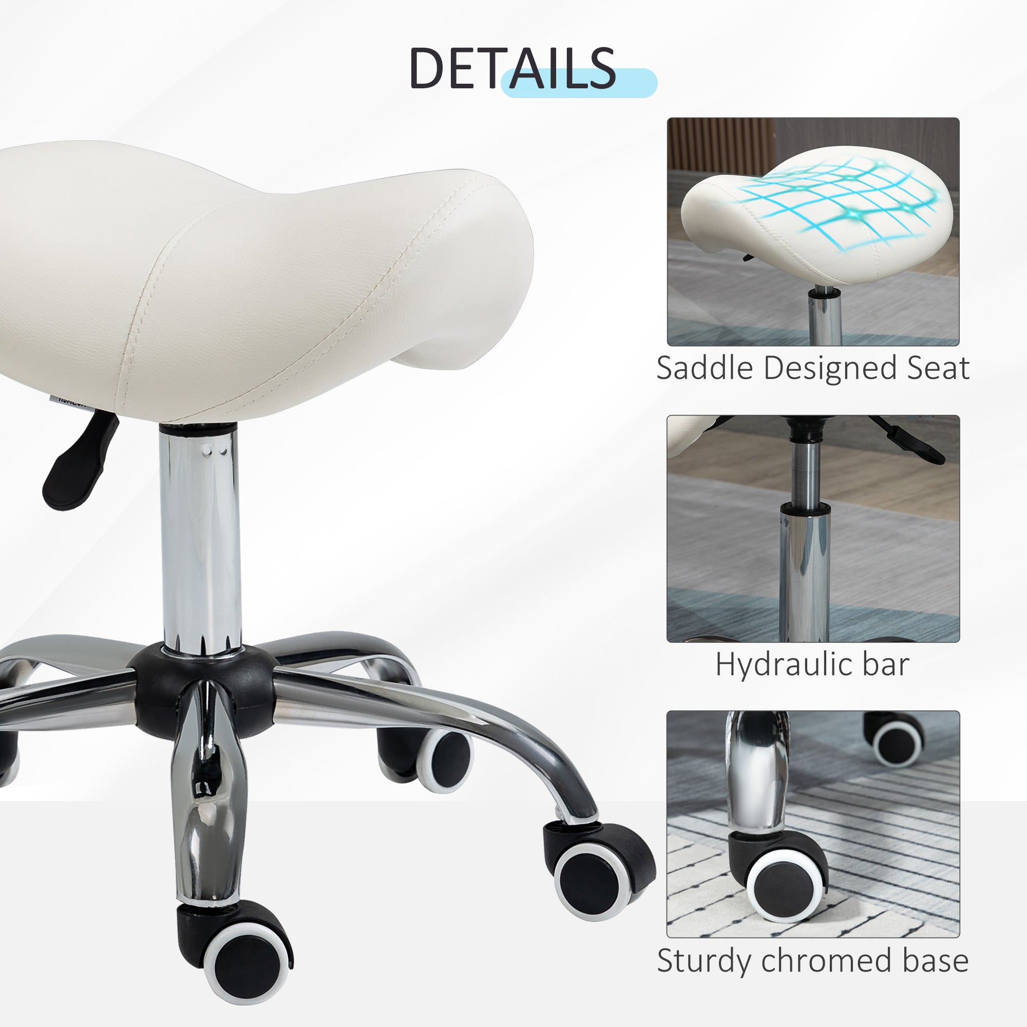 HOMCOM Cosmetic Stool 360° Rotate Height Adjustable Salon Massage Spa Chair Hydraulic Rolling Faux Leather Saddle Stool, Cream - North Peak Garden Furniture
