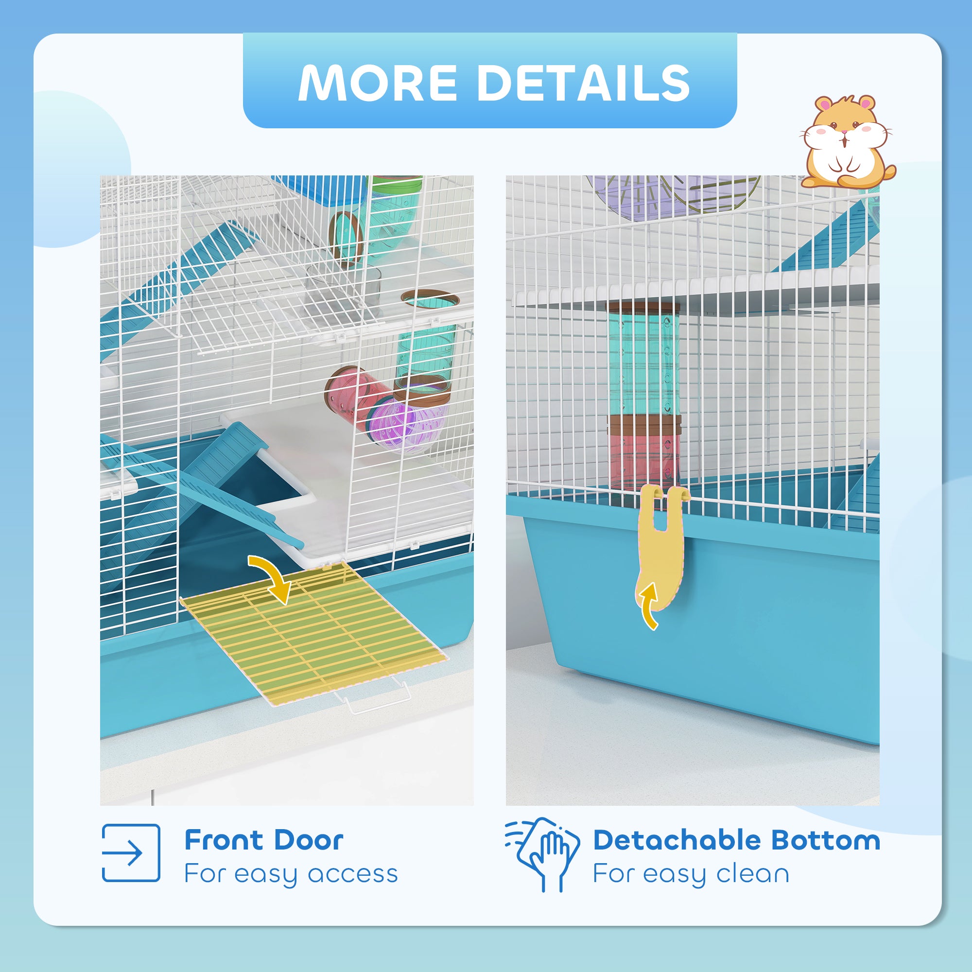 PawHut 4 Tier Hamster Cage w/ Tubes, Exercise Wheel, Hut, Water Bottle, Food Dish, Ramps, for Drawf, 58 x 36 x 65cm, Light Blue - North Peak Garden Furniture