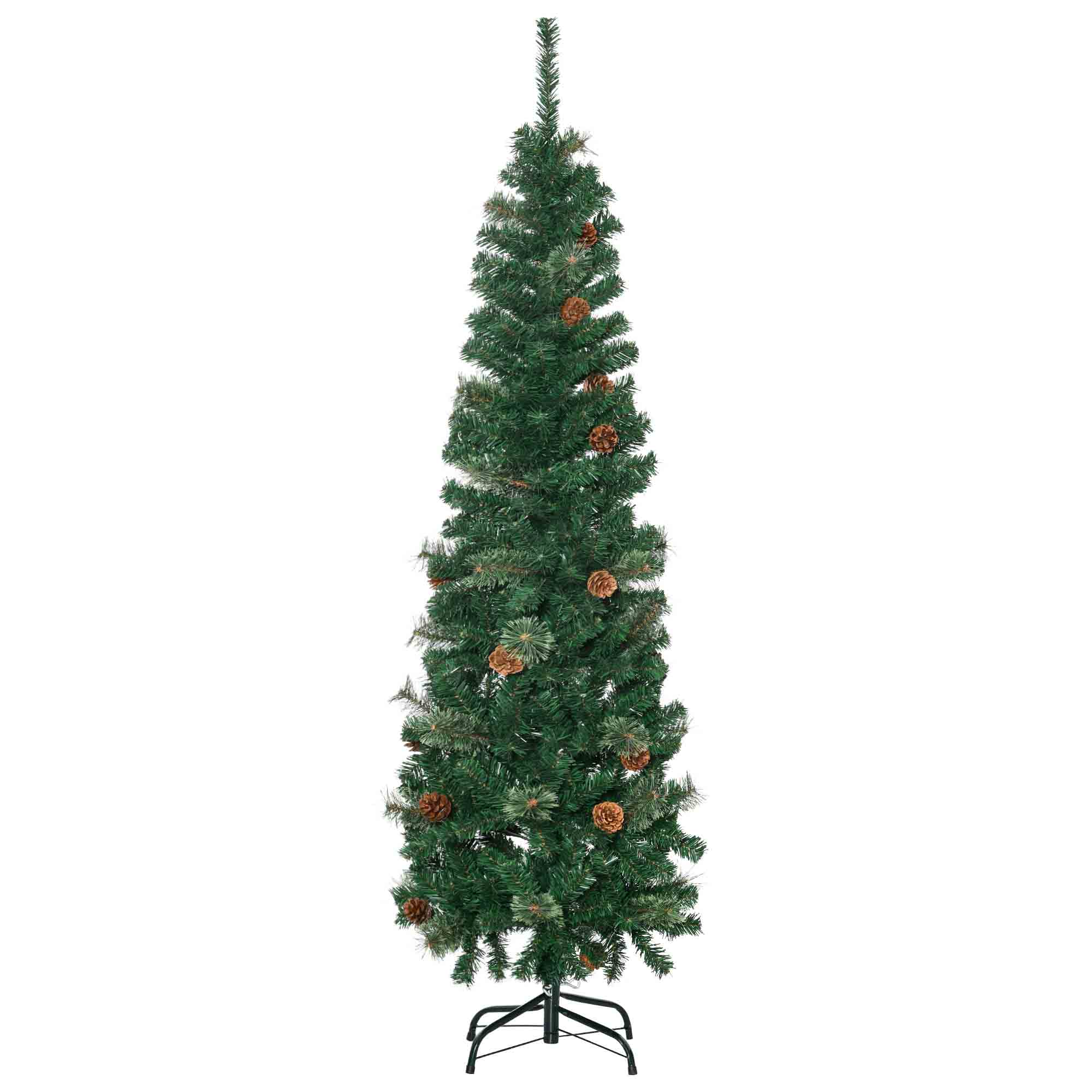 HOMCOM 5.5FT Tall Pencil Slim Artificial Christmas Tree with Realistic Branches, Tip Count and Pine Cones, Pine Needles Tree, Xmas Decoration, Green - North Peak Garden Furniture