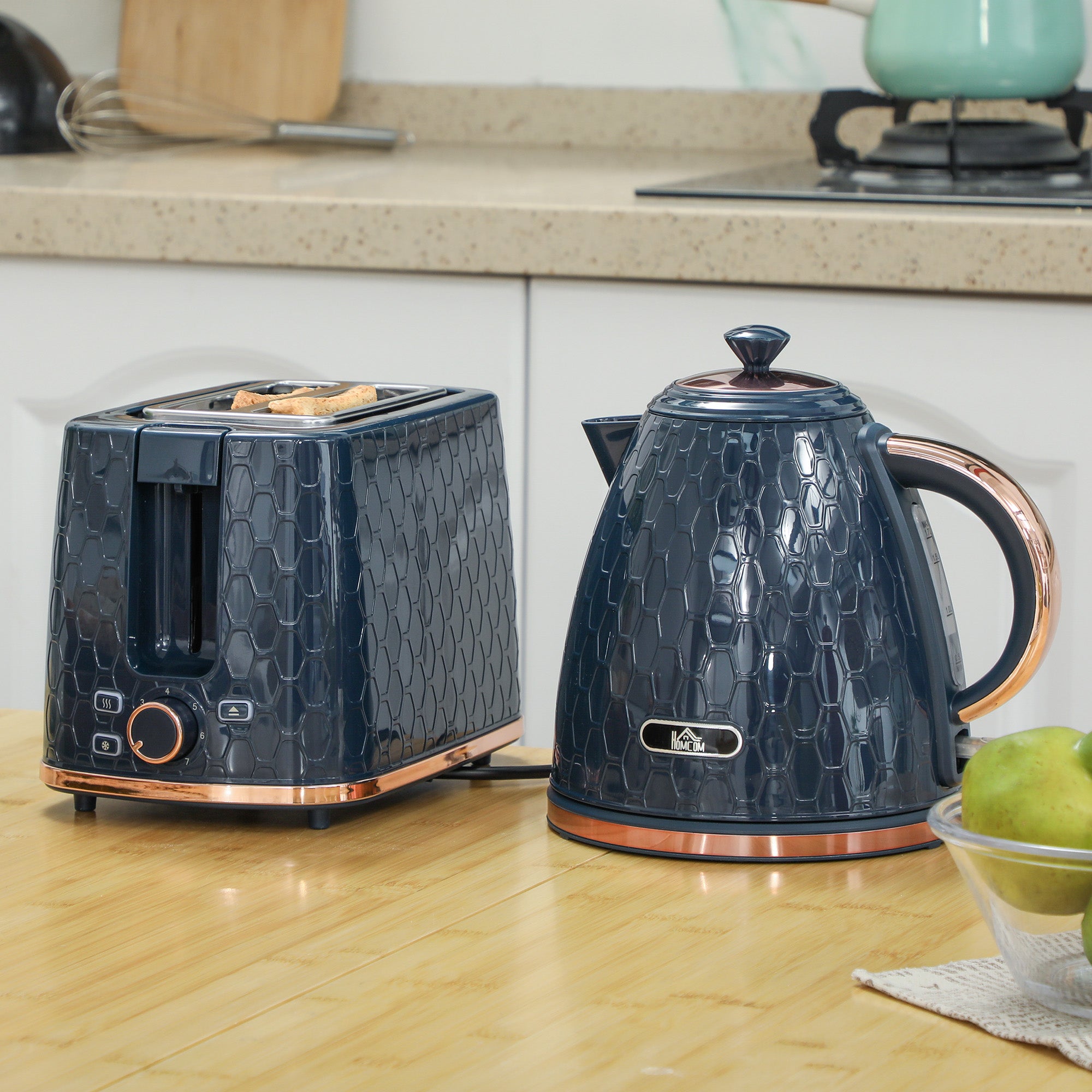 HOMCOM 1.7L 3000W Fast Boil Kettle & 2 Slice Toaster Set, Kettle and Toaster Set with Auto Shut Off, Browning Controls, Blue - North Peak Garden Furniture