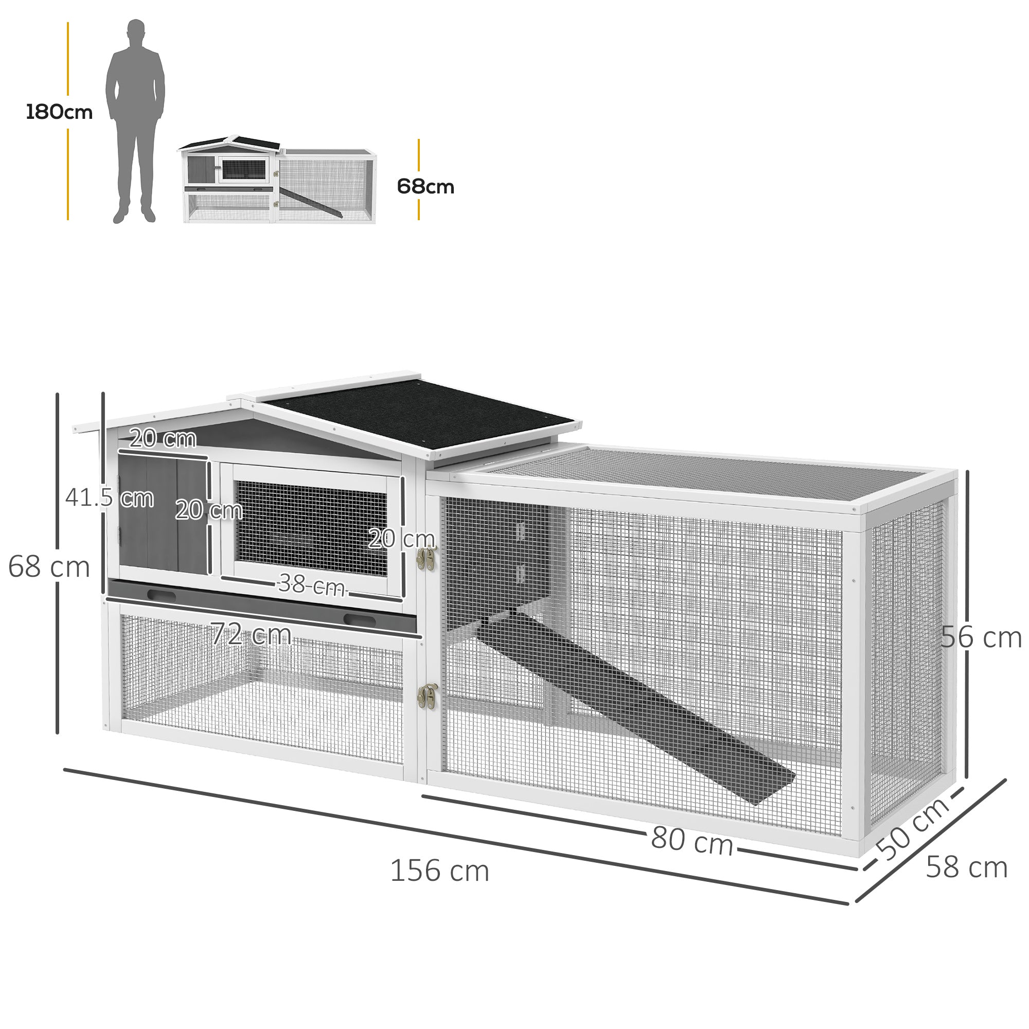 PawHut Rabbit Hutch with Run Wooden Guinea Pig Hutch Outdoor Bunny Cage Hide House with Sliding Tray, Hay Rack, Ramp, 156 x 58 x 68cm, Grey