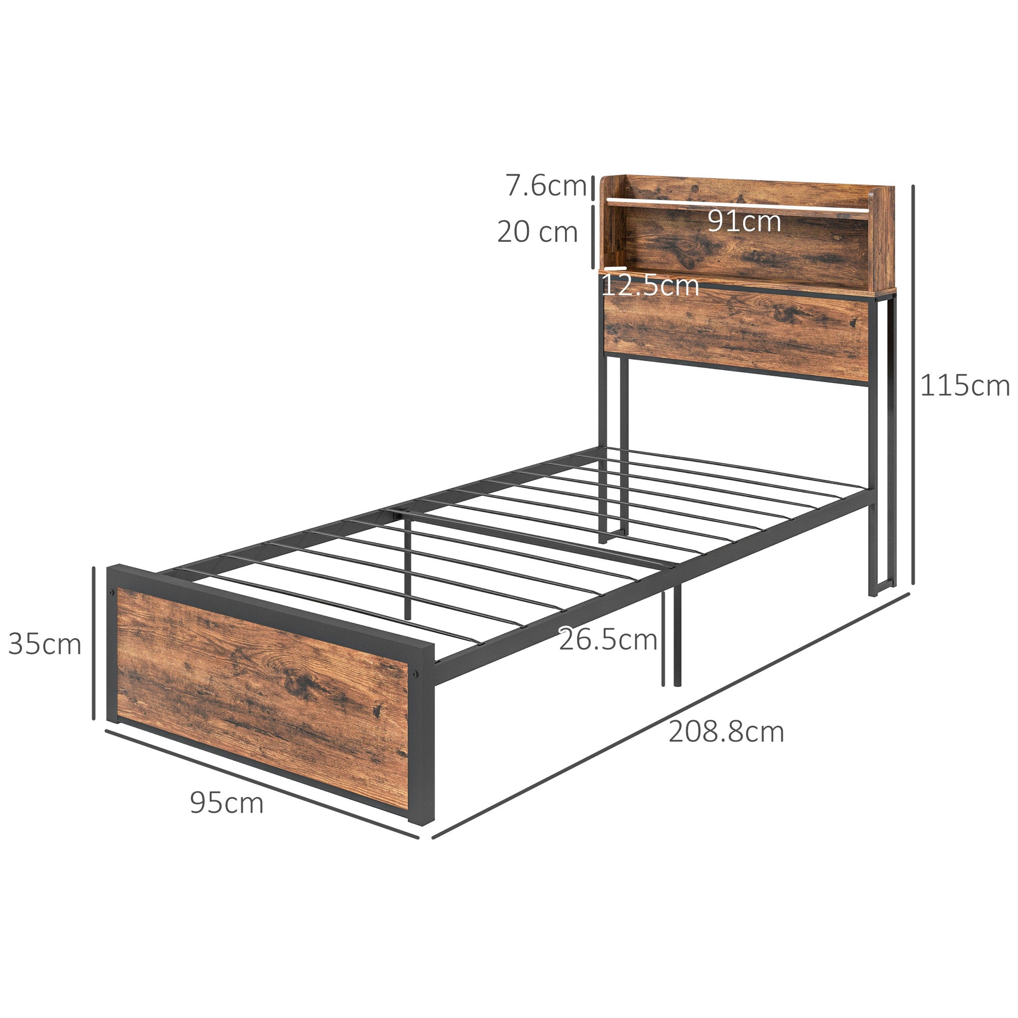 HOMCOM Industrial Single Bed Frame, 3.1FT Steel Bed Base with Storage Headboard, Footboard, Slatted Support and Under Bed Storage, 95 x 209cm, Rustic Brown - North Peak Garden Furniture