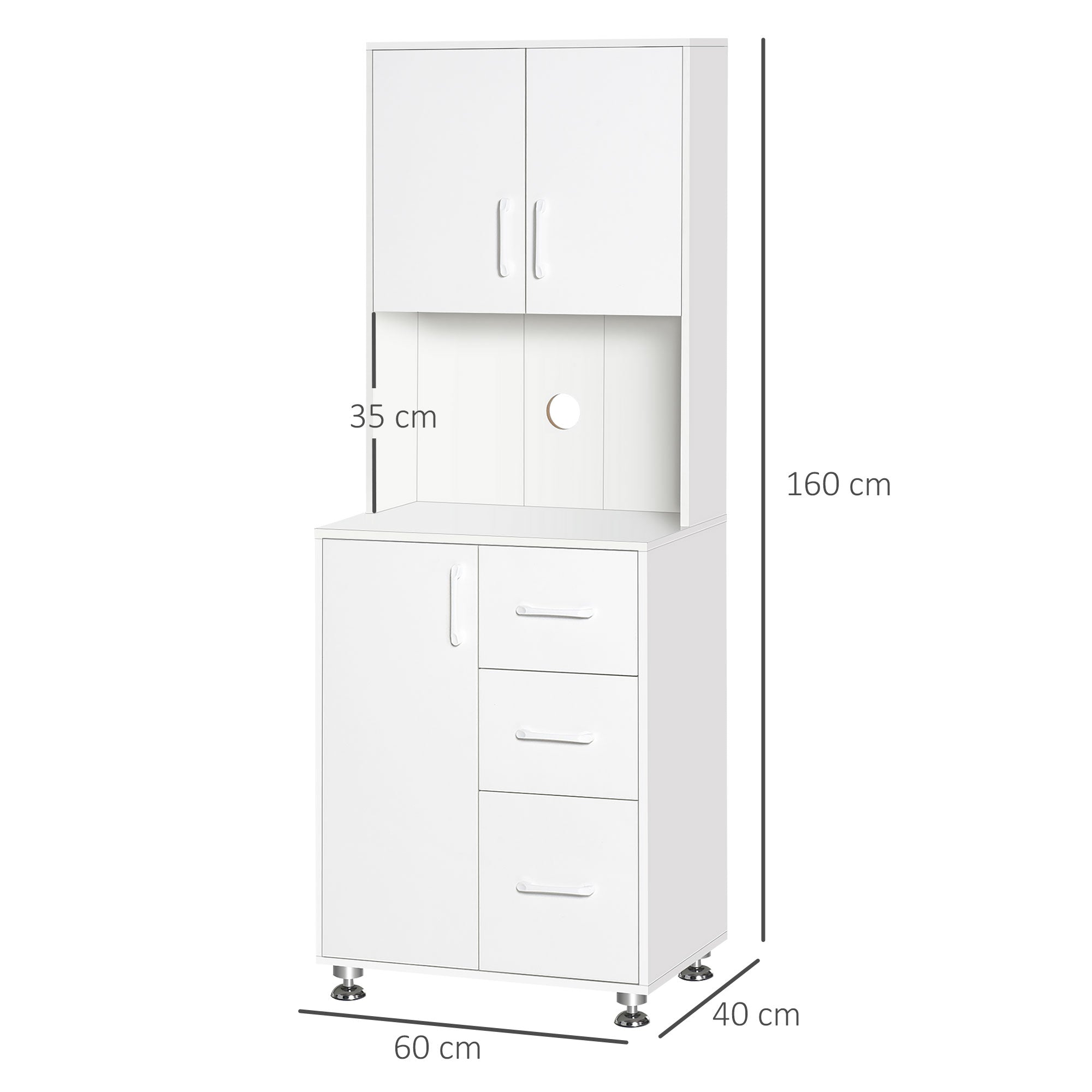 HOMCOM Modern Kitchen Cupboard with Storage Cabinets, 3 Drawers and Open Countertop for Living Room, White