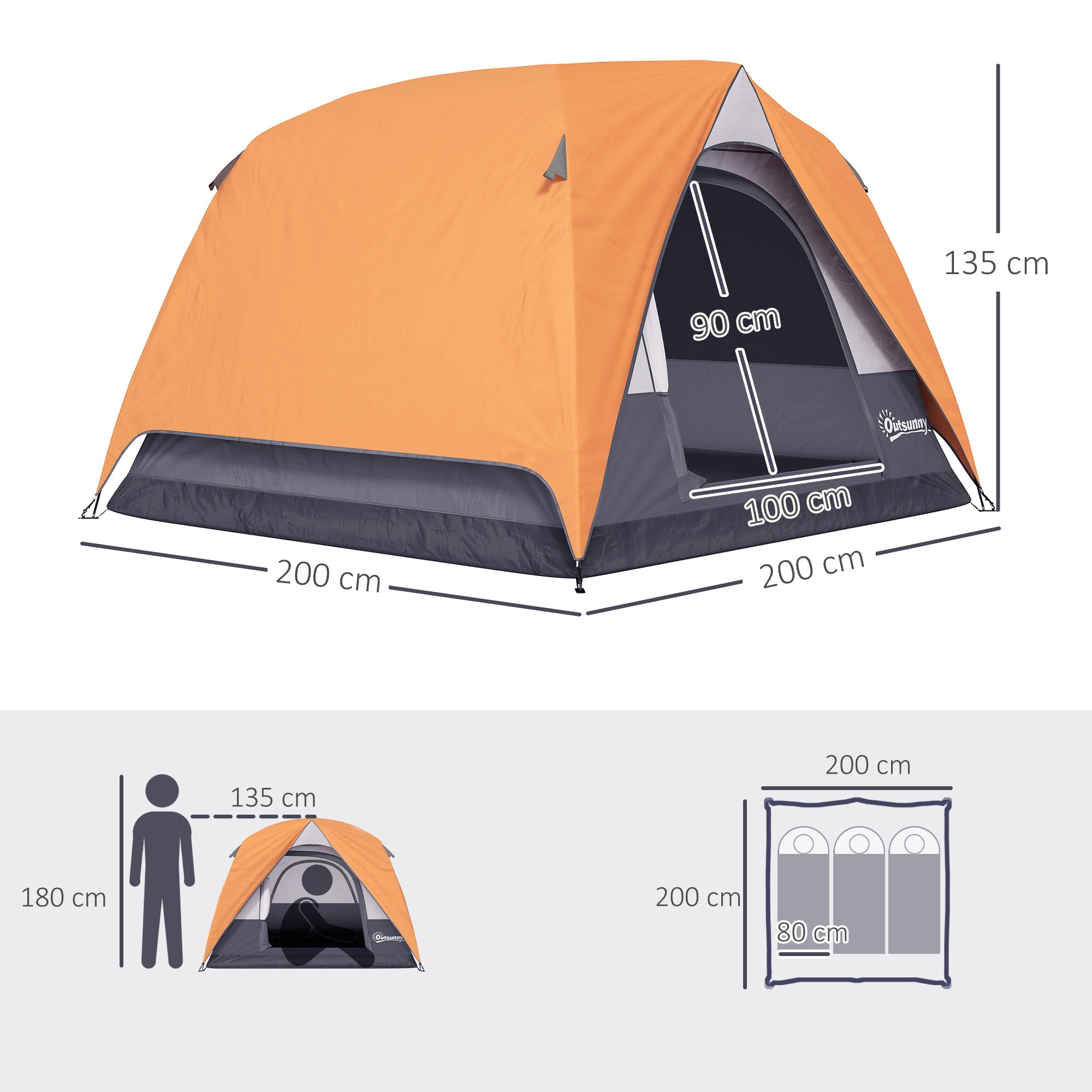Outsunny 3-4 Person Camping Tent, Easy Set Up Waterproof Dome Tent with Sewn-in Groundsheet, Mesh Windows, Pocket and Hook for Camping, Hiking, Backpacking, Orange and Grey - North Peak Garden Furniture