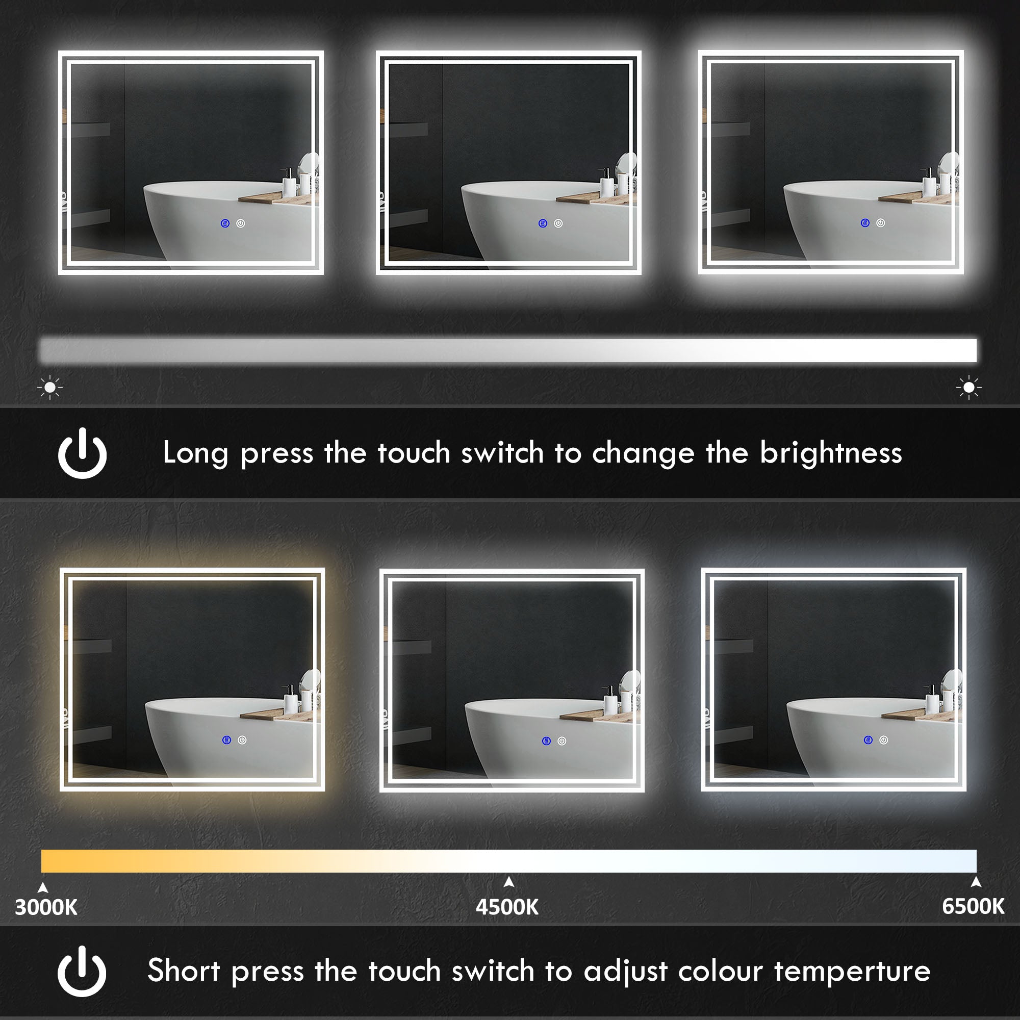 kleankin LED Bathroom Mirror with Lights, Illuminated Makeup Mirror, Vanity Mirror with 3 Colour, Smart Touch, Anti-Fog