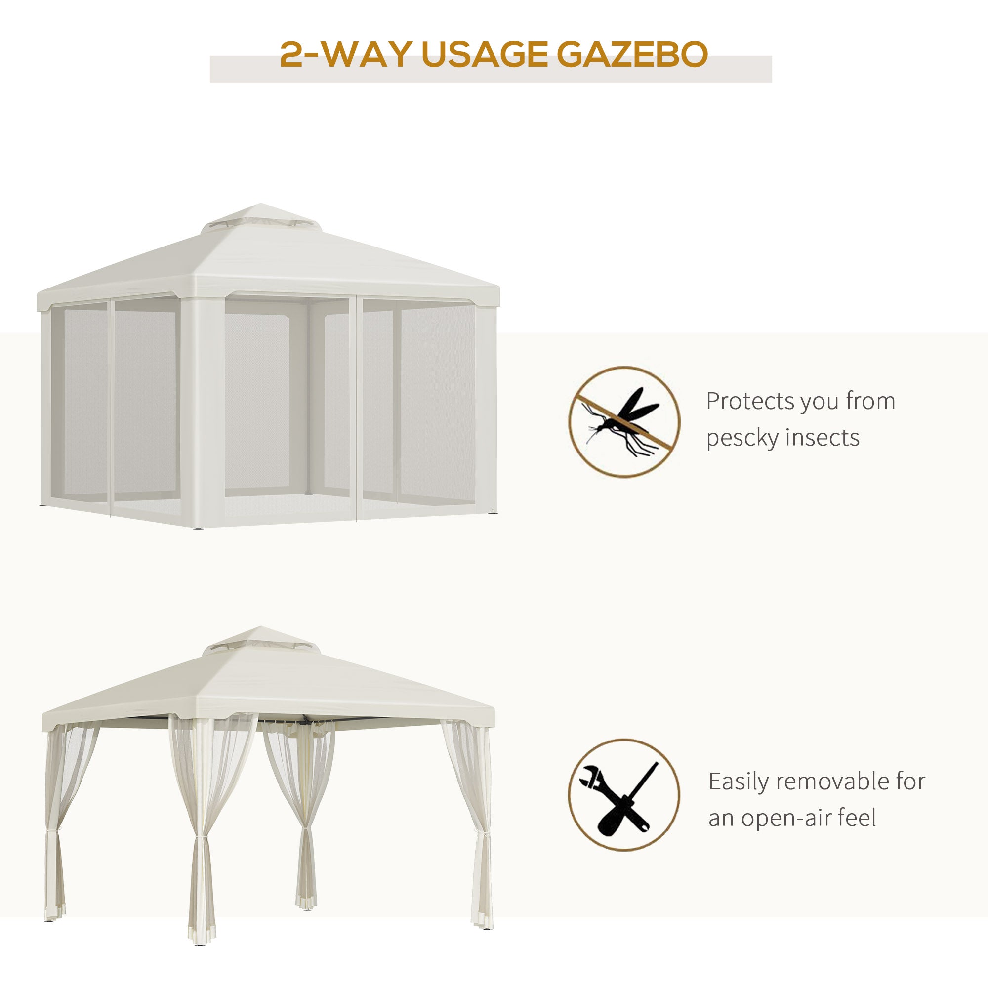 Outsunny 3 x 3 m Metal Gazebo, Garden Pavillion, Double Roof Outdoor Canopy Shelter with Mesh Sidewalls, Cream White - North Peak Garden Furniture