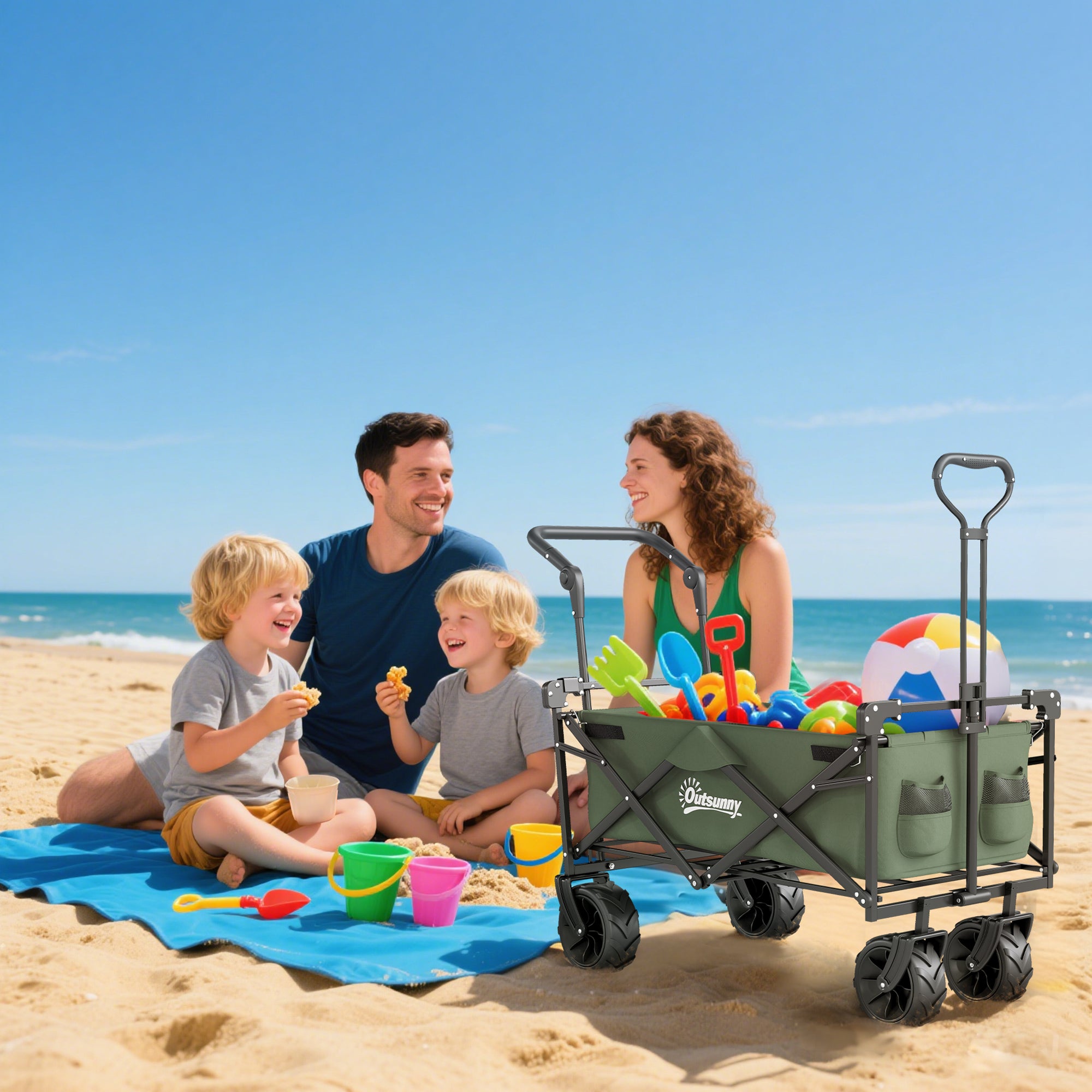 Outsunny Folding Trolley Cart Storage Wagon Beach Trailer 4 Wheels with Handle Overhead Canopy Cart Push Pull for Camping, Green - North Peak Garden Furniture