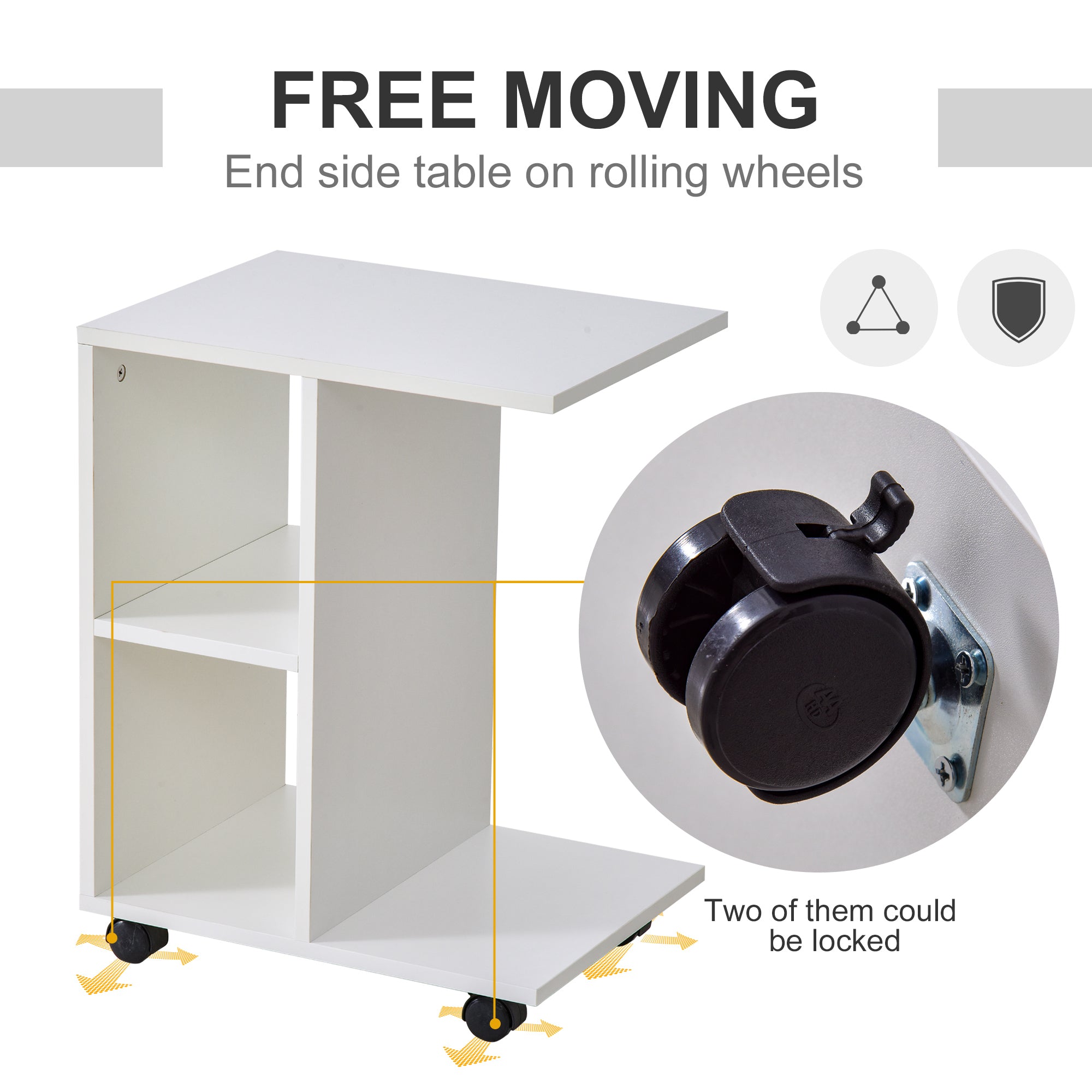 HOMCOM C-Shape End Table Unique Storage Unit w/ 2 Shelves 4 Wheels Freestanding Home Furniture Cabinet Square White - North Peak Garden Furniture
