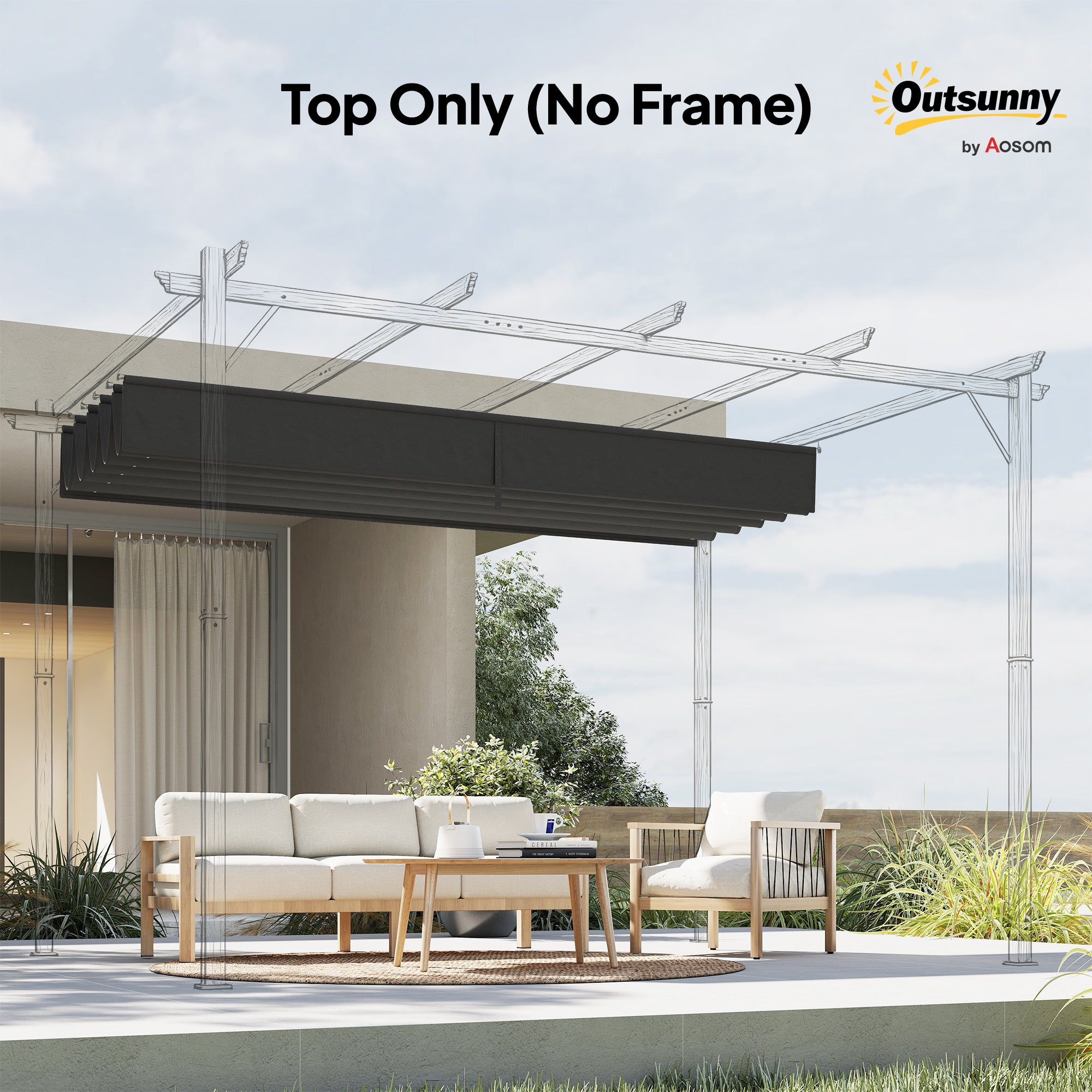 Outsunny Retractable Pergola Shade Cover, Replacement Canopy Fabric for 3 x 3 (m) Pergola, Gazebo Retractable Roof, Dark Grey