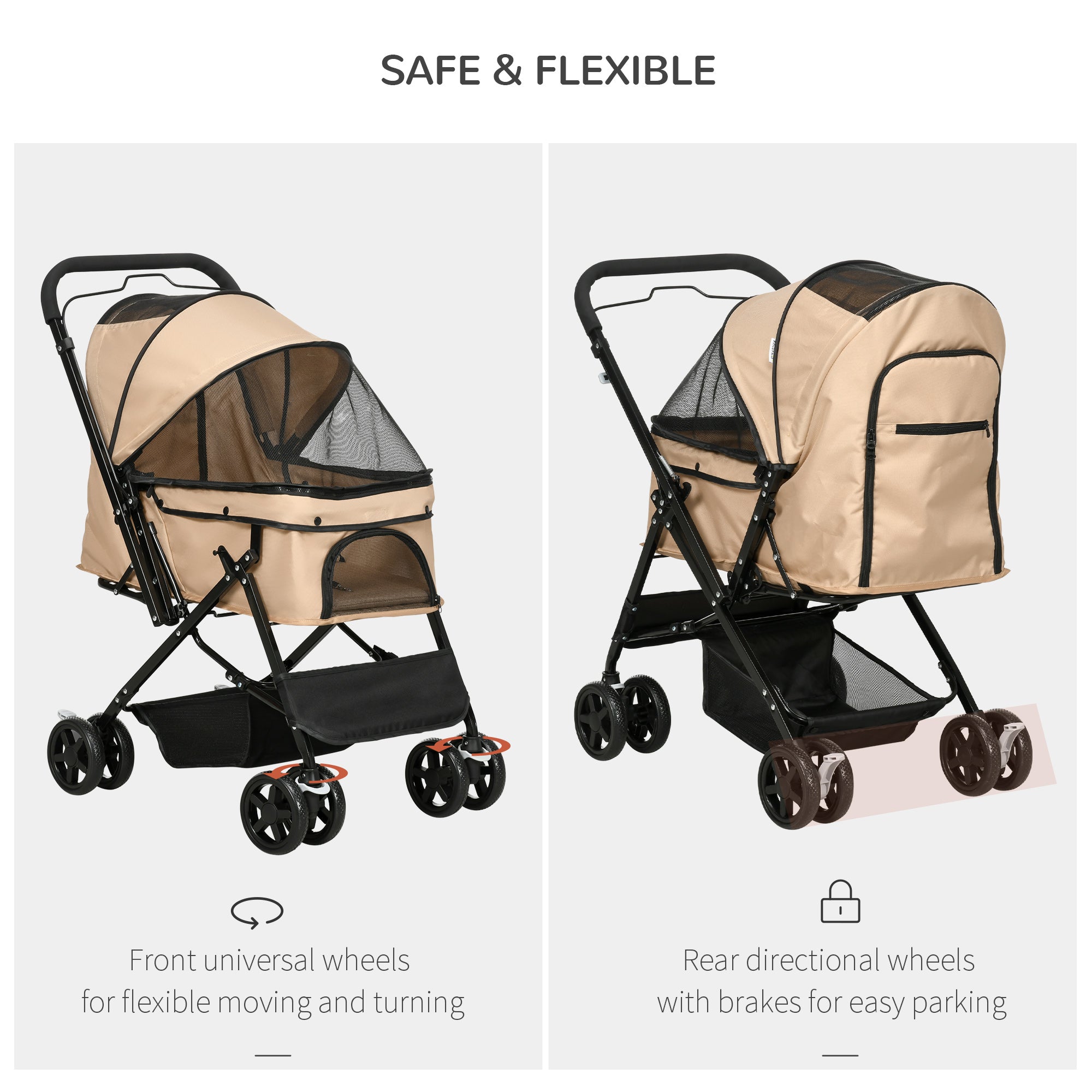 PawHut Pet Stroller Pushchair Foldable Travel Dog Cat Carriage w/ Reversible Handle Brake Basket - North Peak Garden Furniture