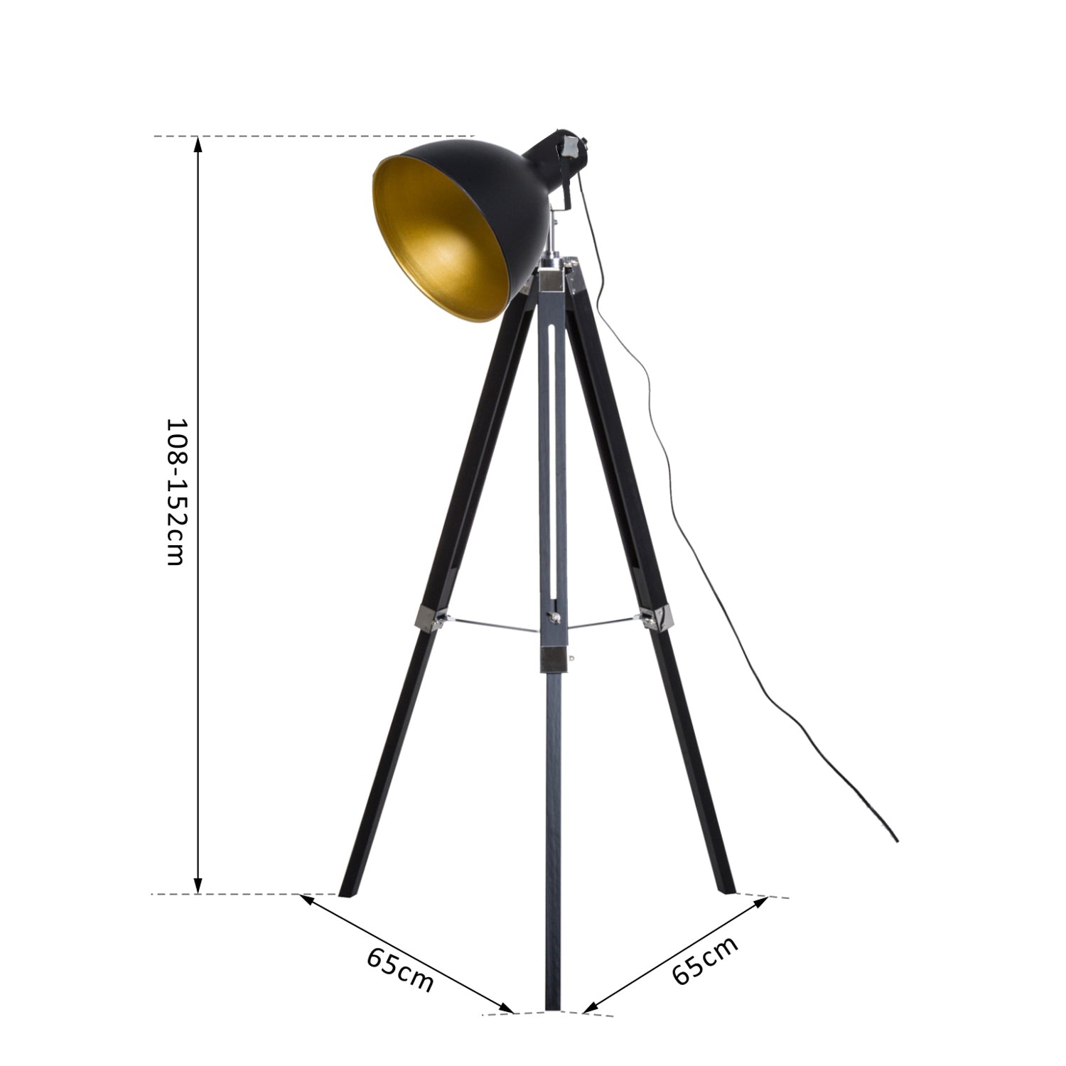 HOMCOM Tripod Floor Lamp, Spotlight Reading Lamp w/ Adjustable Height, Angle, Wood Legs for Living Room, Bedroom, Home, Office, Black and Gold