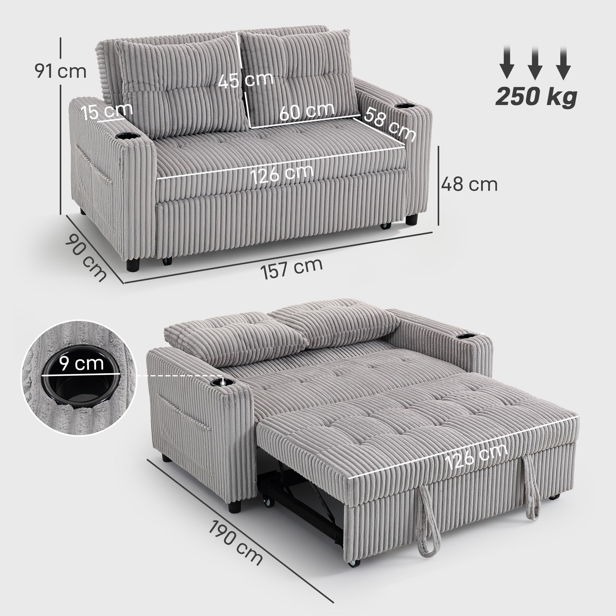 HOMCOM 2 Seater Click Clack Sofa Bed with Pull Out Design, Corduroy Upholstery - Light Grey