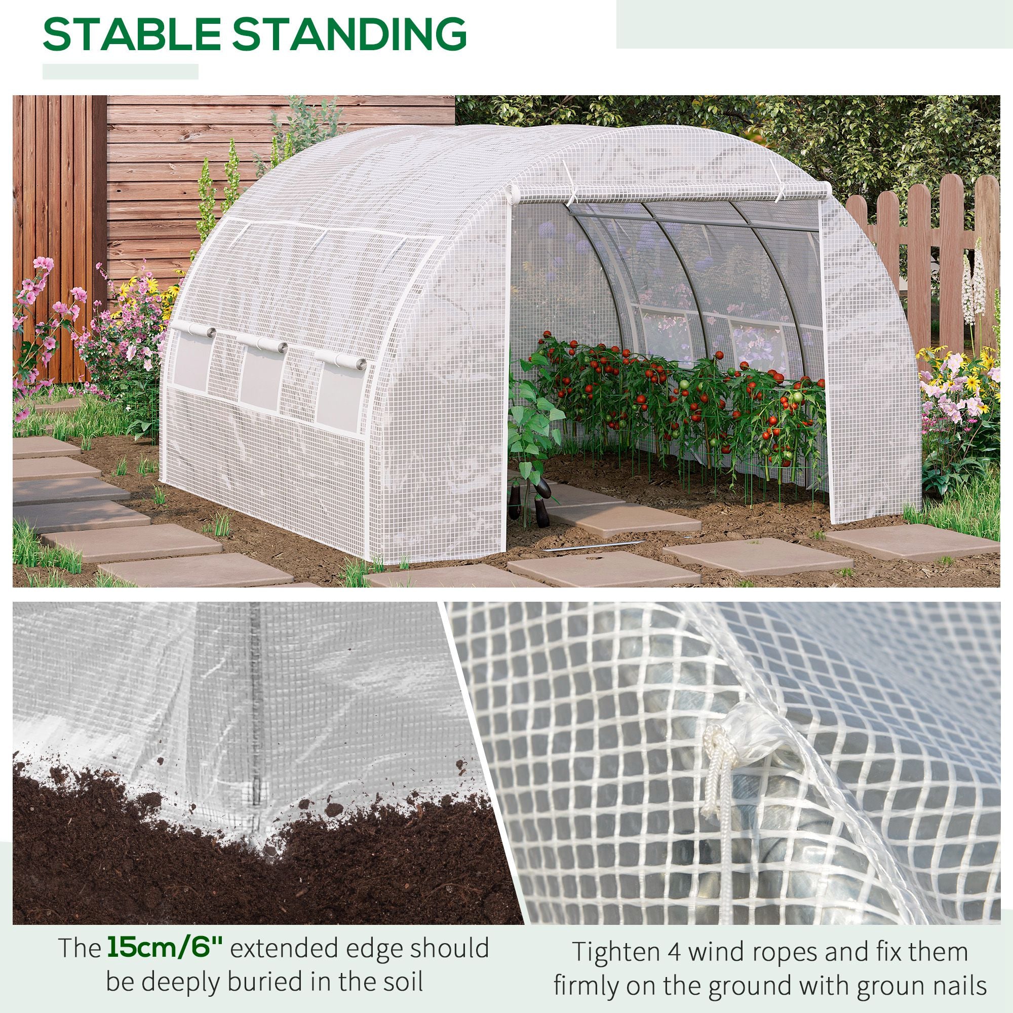 Outsunny 3 x 3 x 2 m Polytunnel Greenhouse with Roll-up Side Walls, Walk-in Grow House Tent with Steel Frame, Reinforced Cover, Zipped Door and 6 Mesh Windows for Garden, White - North Peak Garden Furniture