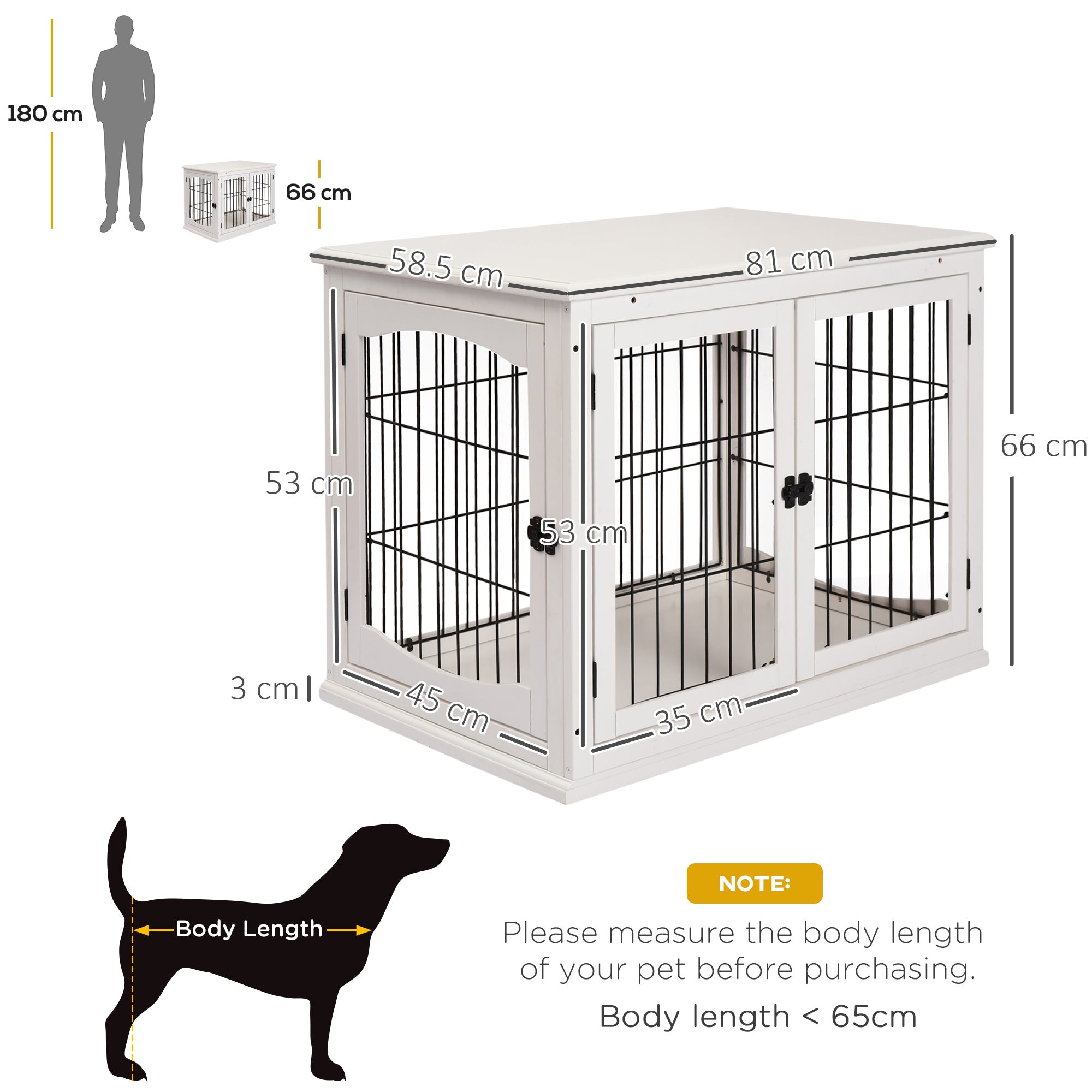 PawHut Dog Crate, Furniture Style Puppy Cage End Table, Pet Kennel House with 3 Doors for Small Dog, White 81 x 58.5 x 66 cm