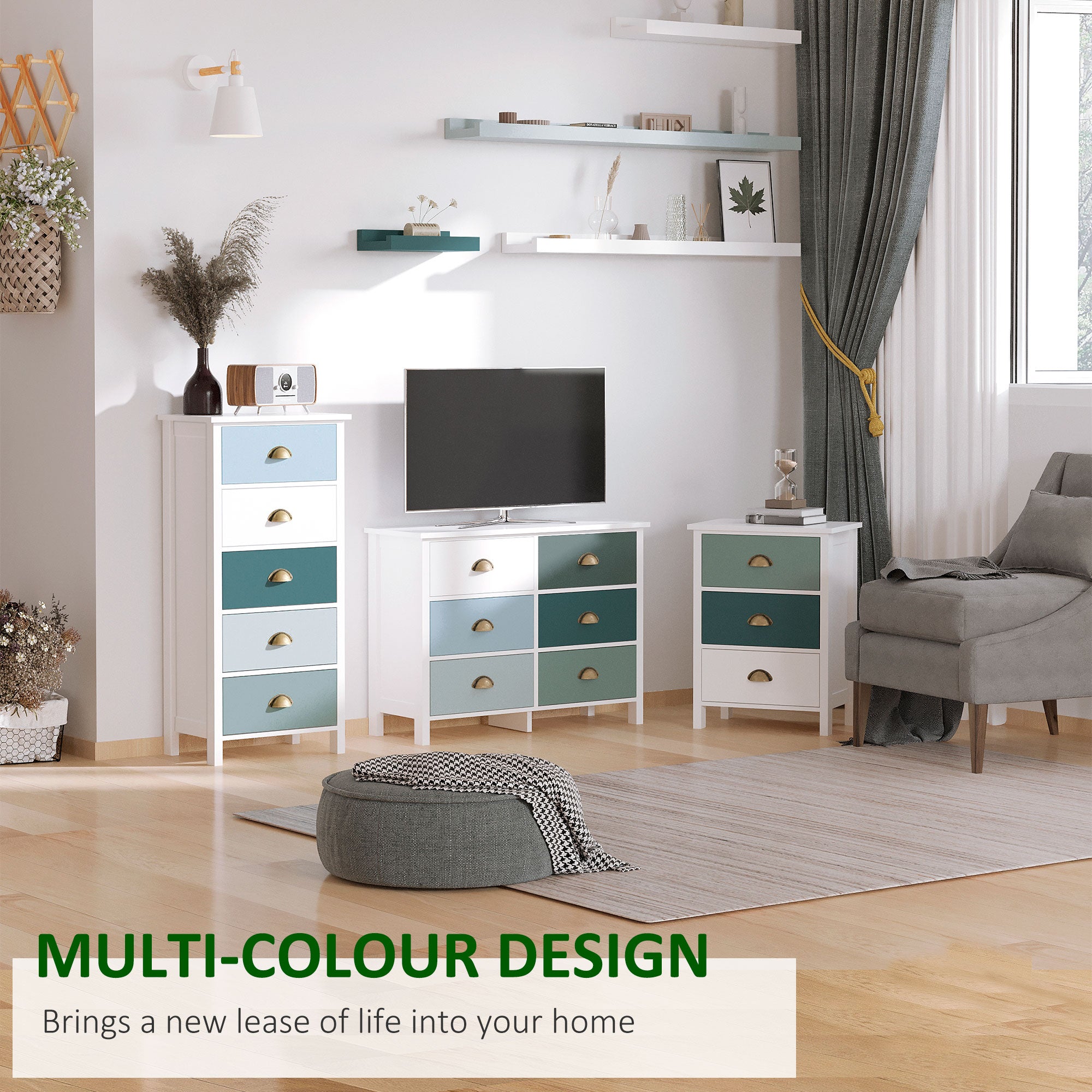HOMCOM Slim Storage Cabinet Organiser, Chest of Drawers, 5-Drawer Dresser with Metal Handle for Living Room, Bedroom, Blue - North Peak Garden Furniture