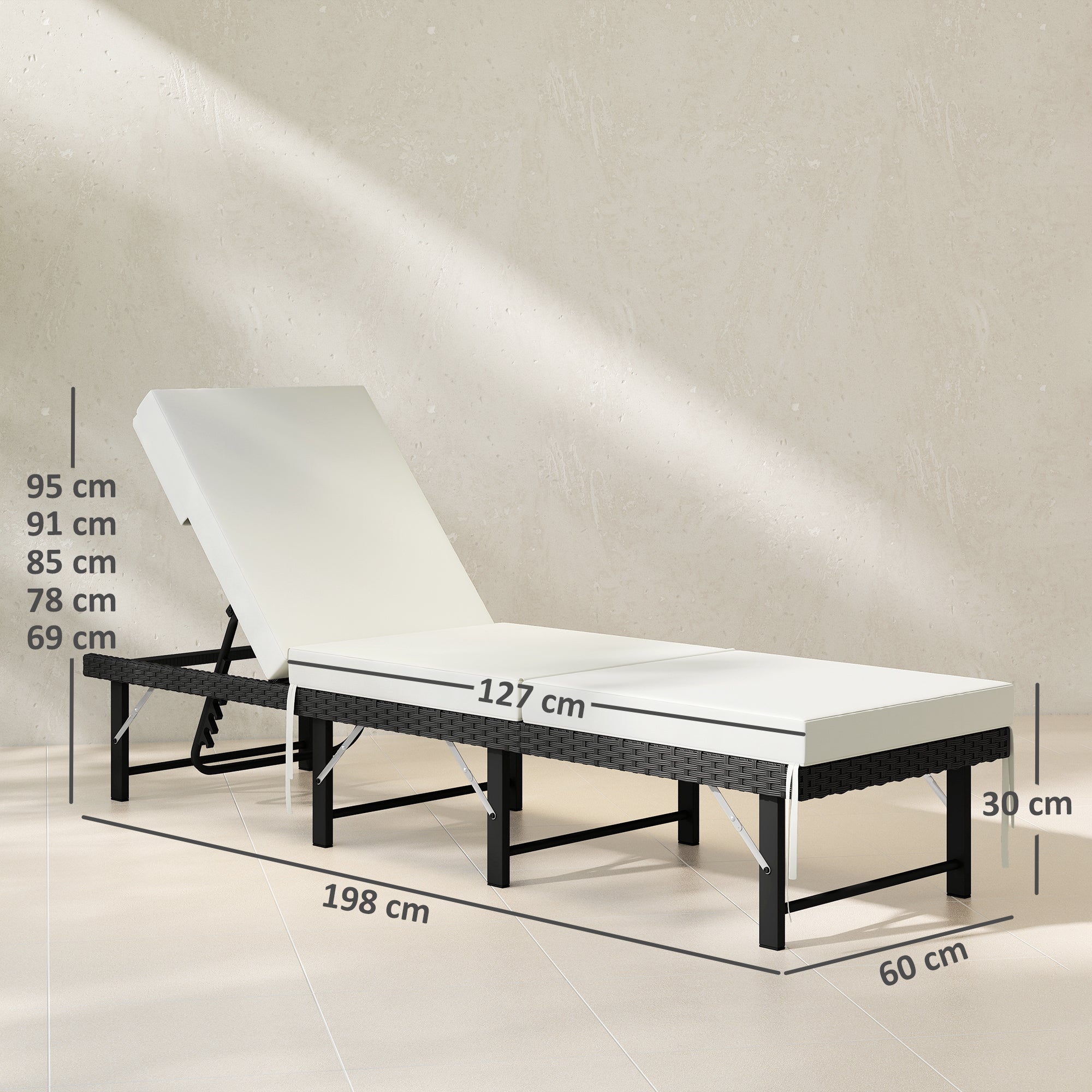 Outsunny Single Folding Rattan Sun Lounger, with Cushion - Black